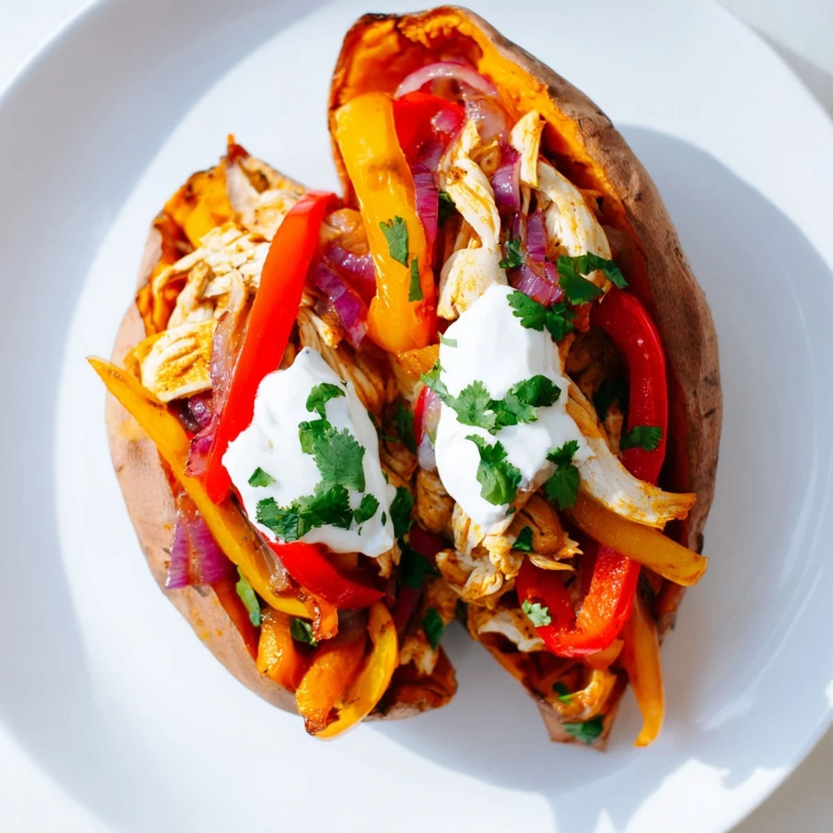 Vibrant Chicken Fajita Stuffed Sweet Potatoes, a flavorful Tex-Mex healthy dinner, topped with cool Greek yogurt.