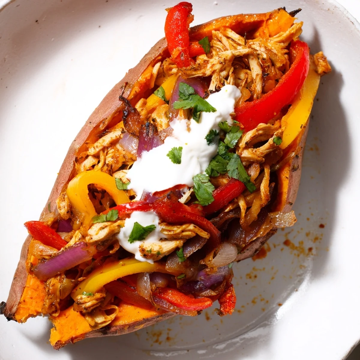 Juicy fajita-spiced chicken and peppers fill baked Chicken Fajita Stuffed Sweet Potatoes, garnished with fresh cilantro.