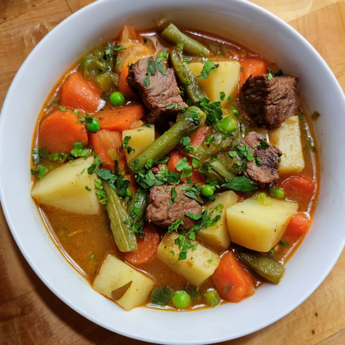 Steaming bowl of Beef Vegetable Soup with Potatoes, a hearty meal with tender beef and vegetables.