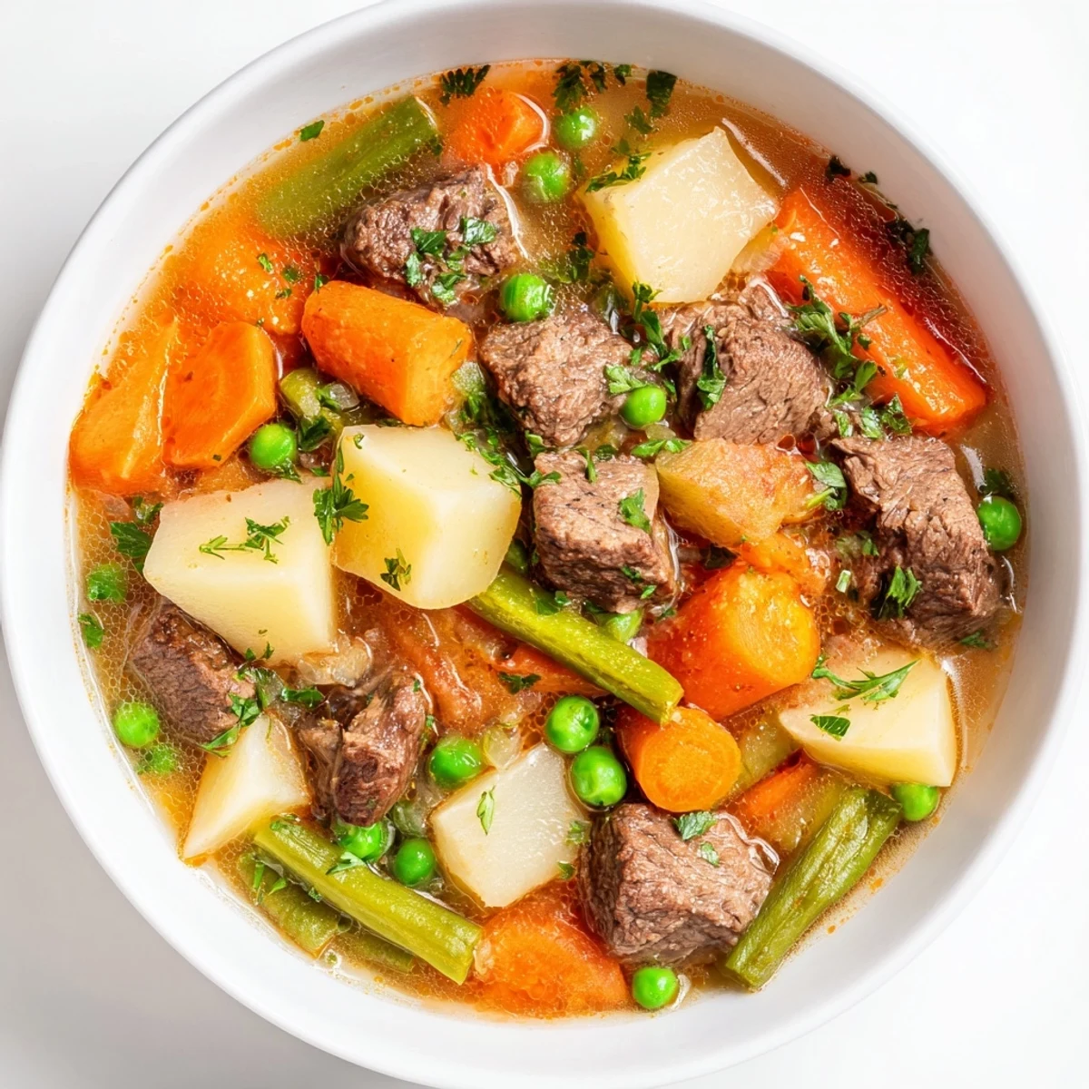 Close-up of Beef Vegetable Soup with Potatoes, showing rich broth and fresh parsley garnish enhancing the flavors.