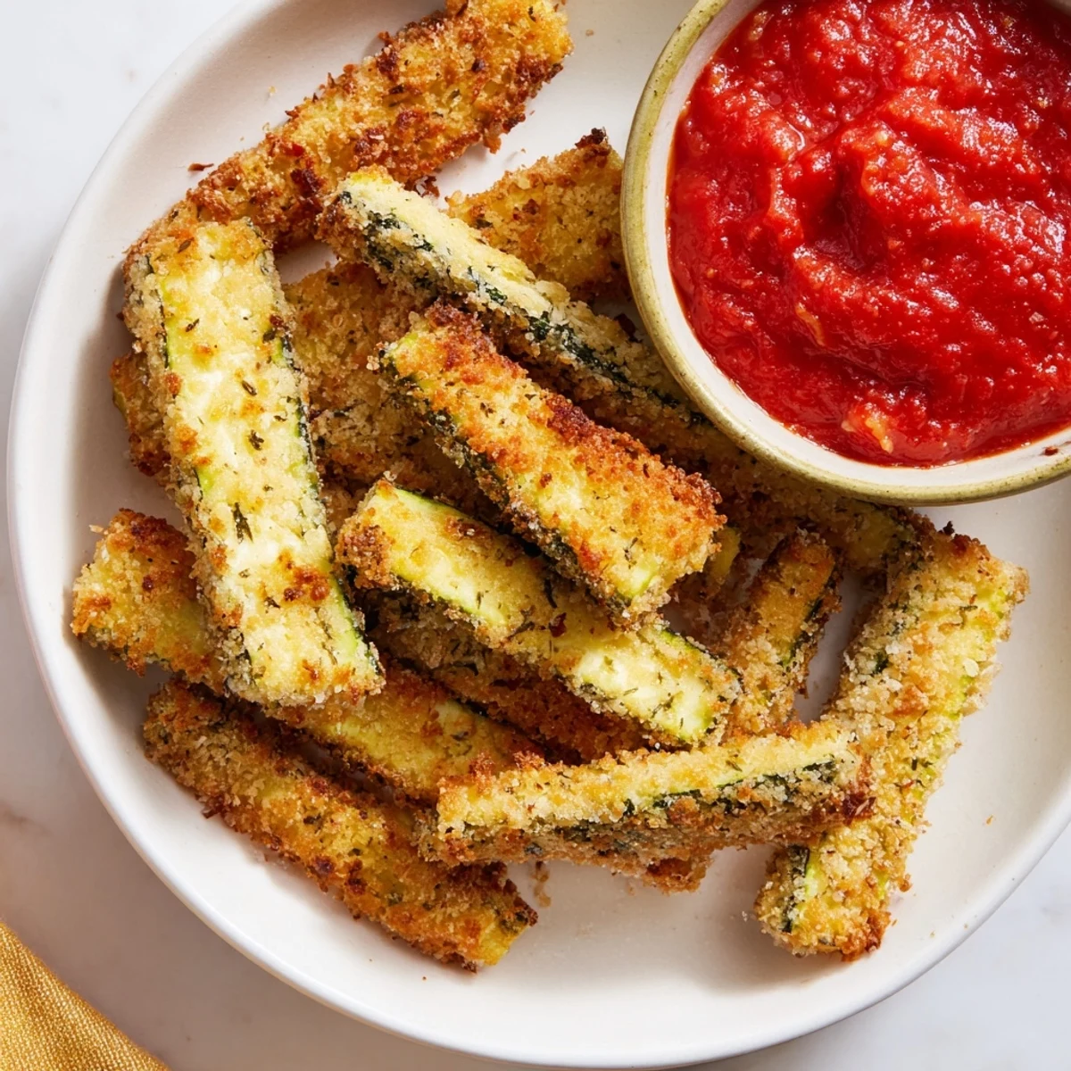Golden-brown baked zucchini fries with a side of vibrant, homemade marinara sauce ready to serve.