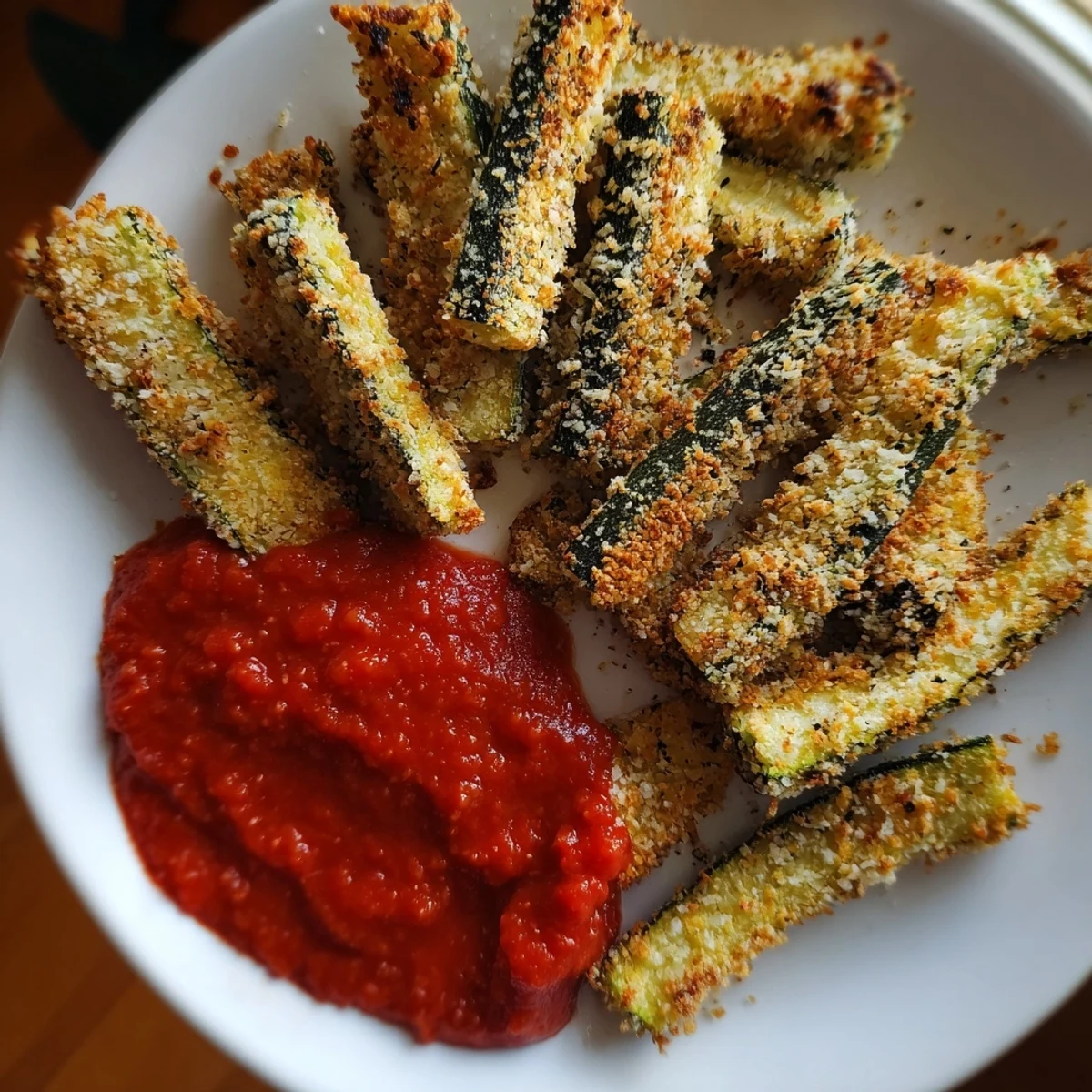 A close-up of delicious baked zucchini fries showcasing their crunchy texture, served with marinara.