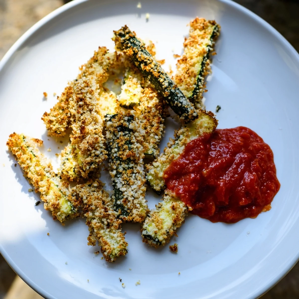 Crispy, oven-baked zucchini fries, perfect for dipping in warm marinara sauce on a white plate.