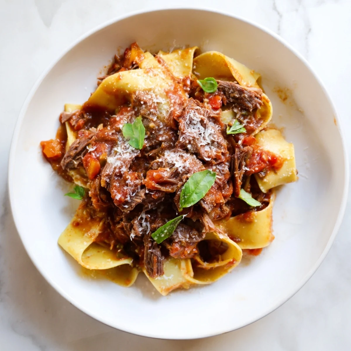 A close-up shot of tender beef ragu over pappardelle; the aroma of herbs hints at its flavor.