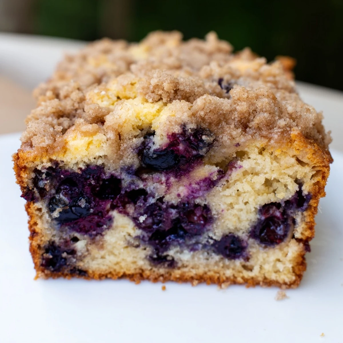 Golden-brown Lemon Blueberry Bread loaf, topped with crumbly streusel, ready for slicing and enjoying.