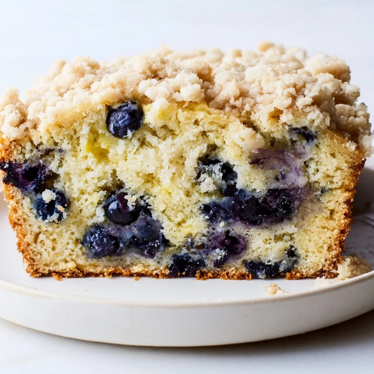 Close-up of a delectable slice of Lemon Blueberry Bread, showing juicy blueberries and perfect streusel crumbs.