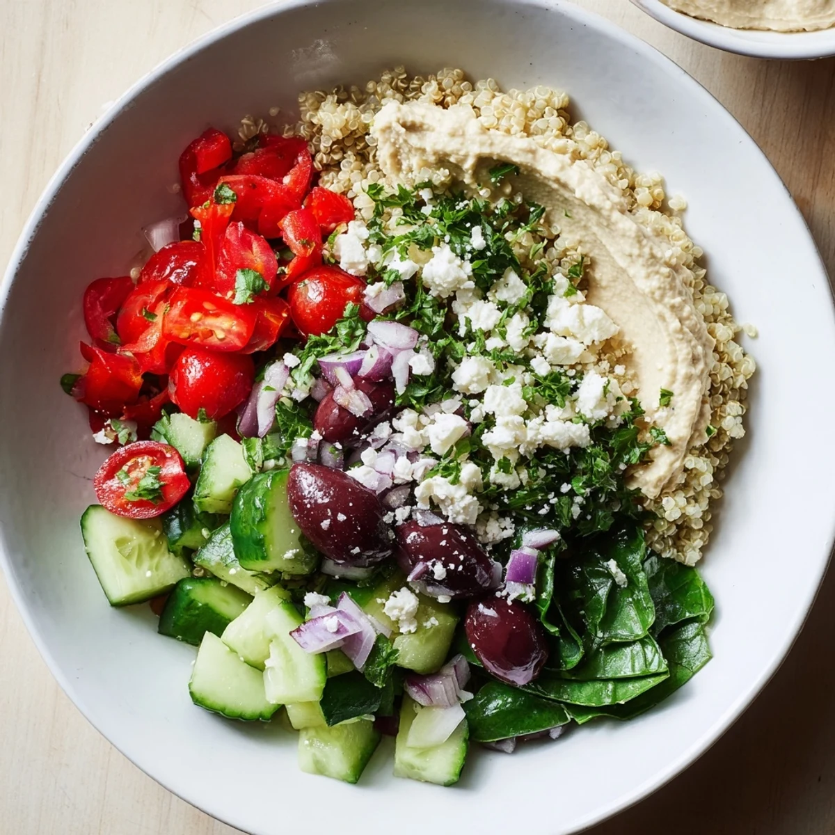 Fluffy Mediterranean Quinoa Bowl with Hummus, bursting with colorful vegetables and creamy feta.