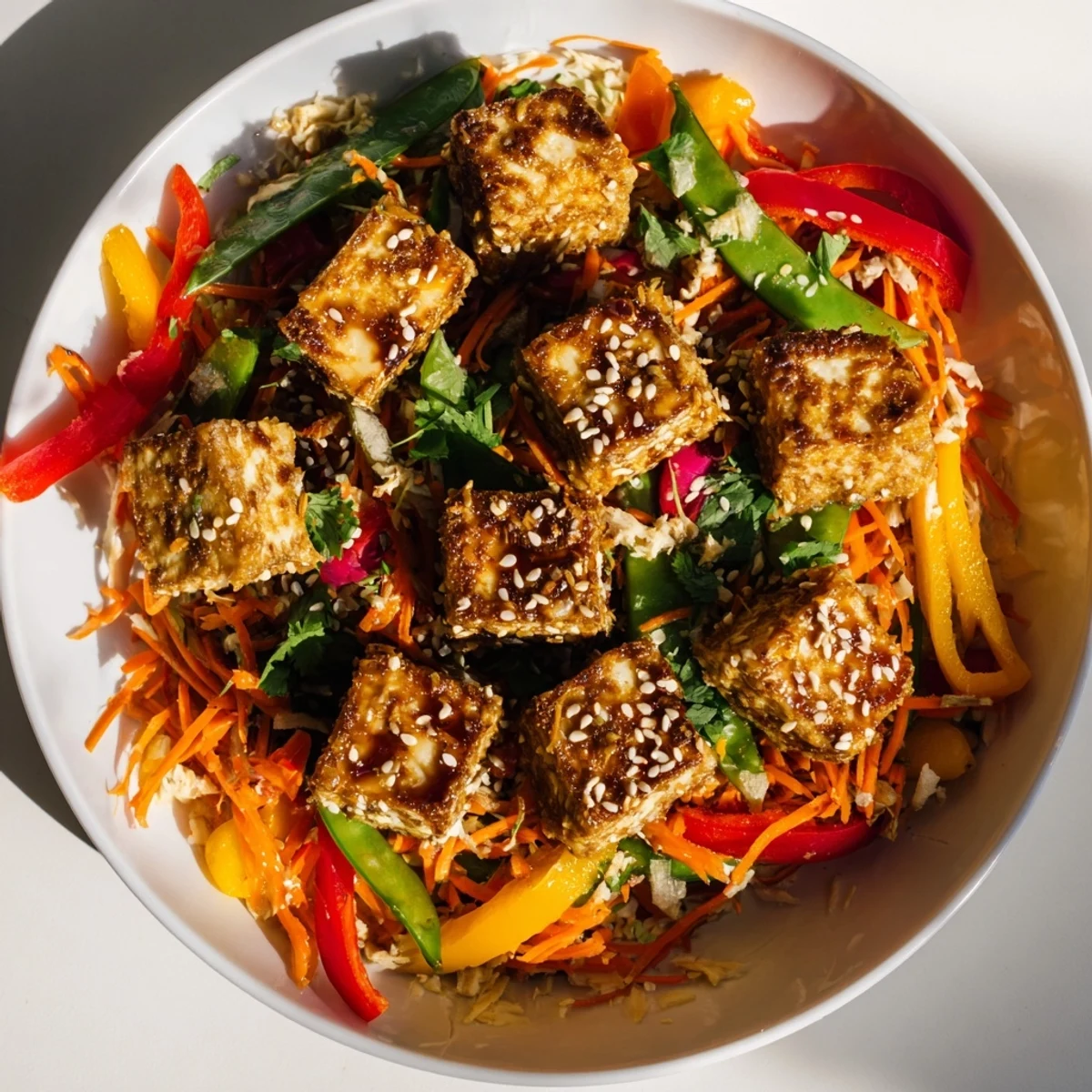 Golden, crispy coconut tofu with colorful stir-fried vegetables, ready for a delicious vegan dinner.