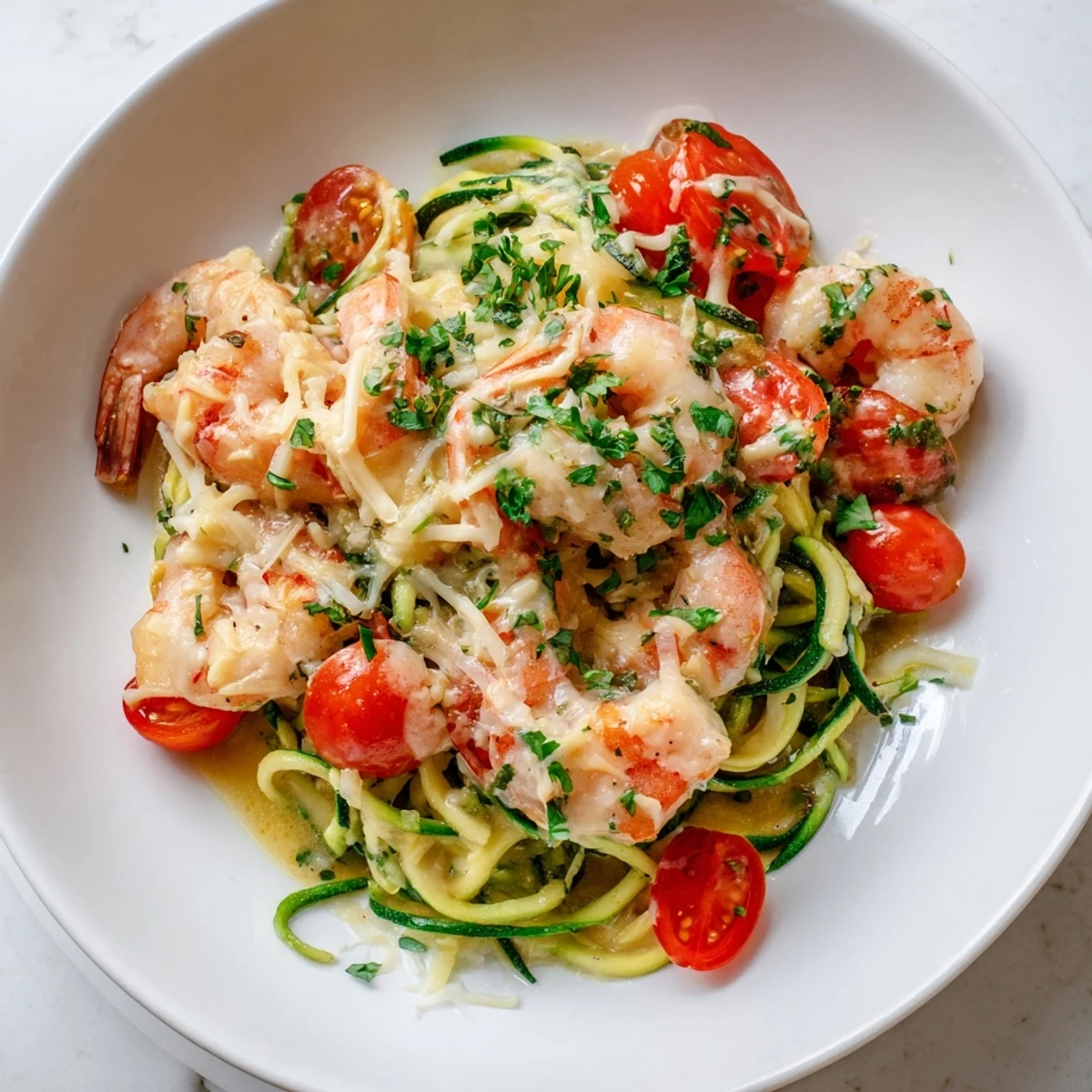 Tender, creamy garlic shrimp over bright green zucchini noodles, a comforting dinner.