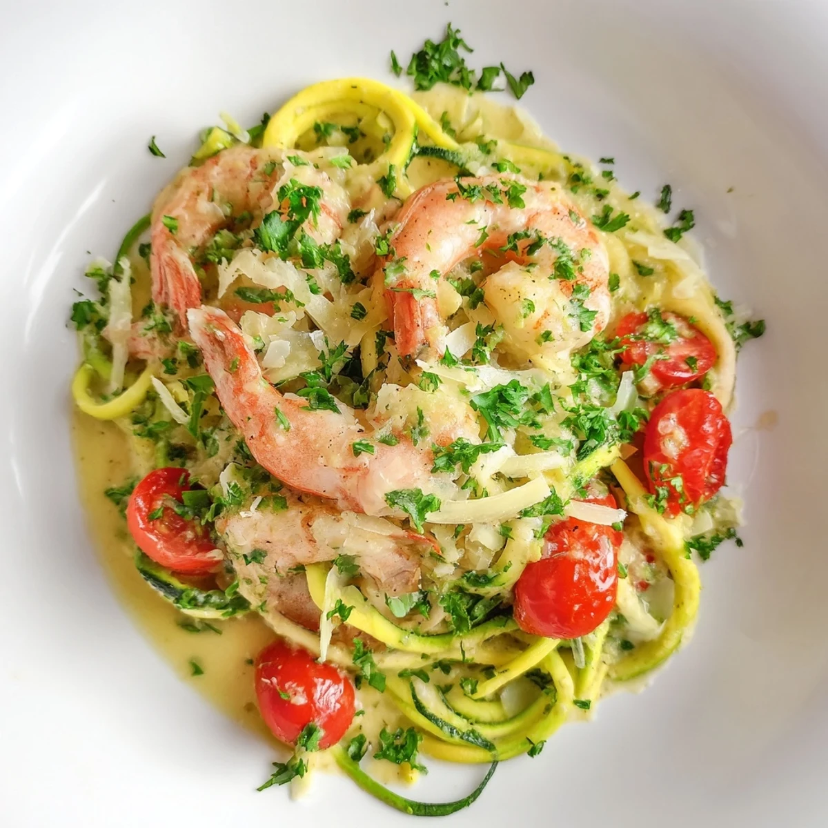 A flavorful plate of creamy garlic shrimp and zucchini noodles ready to be savored, delicious and easy.