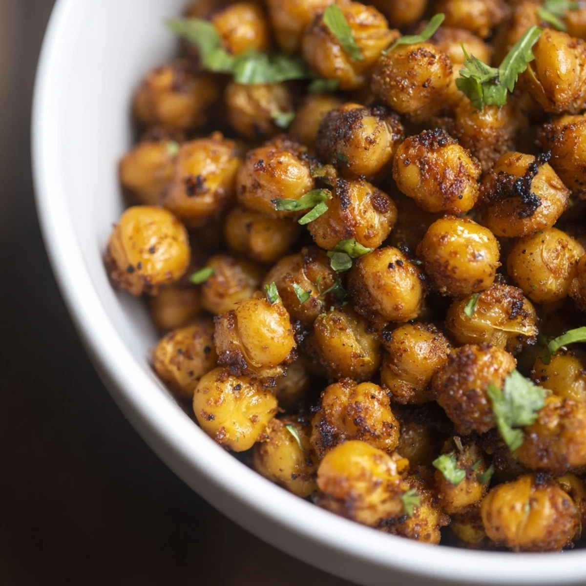A bowl of Spicy Roasted Chickpeas with Cumin and Chili served warm alongside a colorful Mediterranean-inspired salad.
