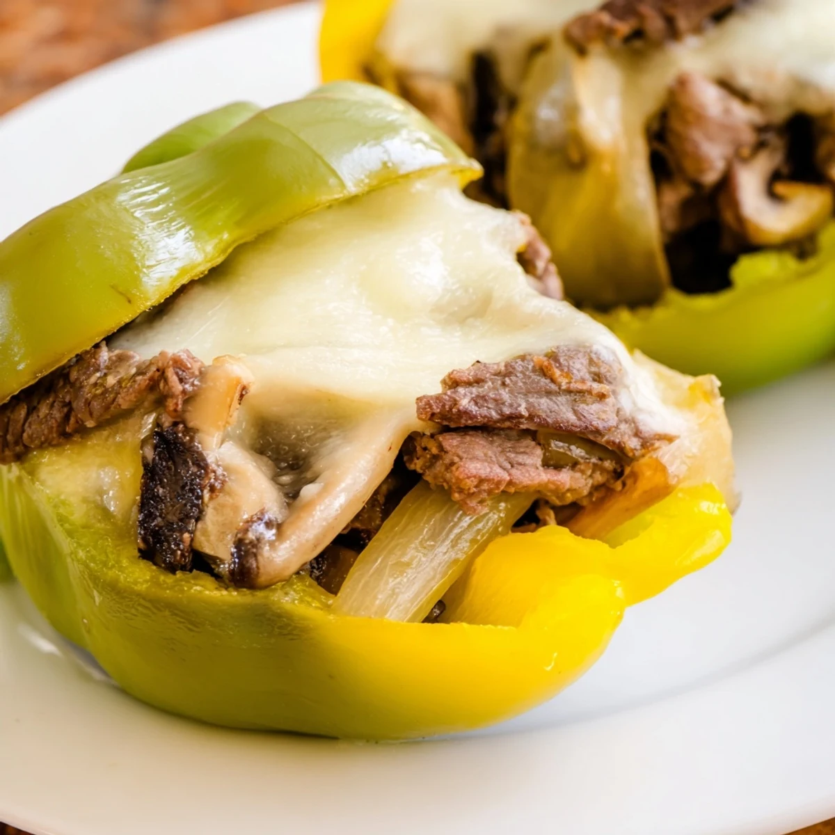 Golden-brown bell peppers filled with savory beef, onions, and melted provolone for a low-carb Philly cheesesteak dinner.