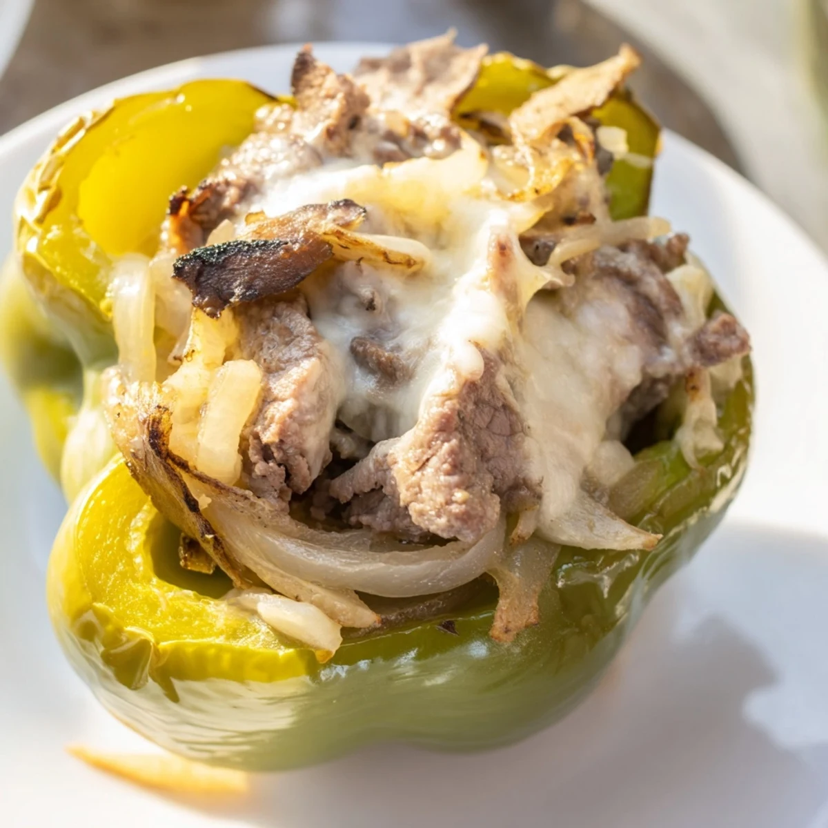 Oven-baked bell peppers overflowing with juicy steak, sautéed mushrooms, and bubbly provolone cheese, perfect for keto meal prep.