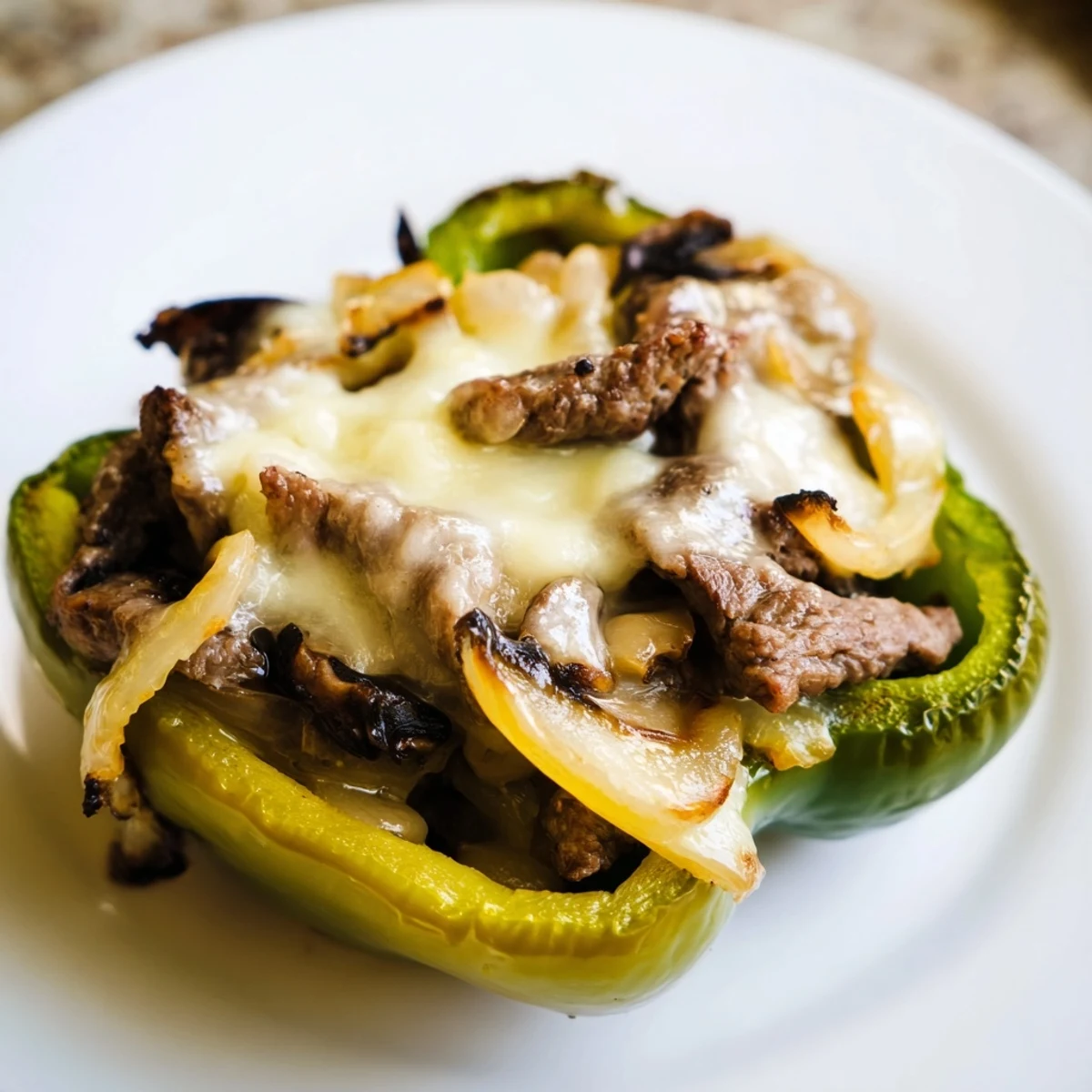 Stuffed green peppers with tender beef and onions, topped with melted provolone, served fresh from the baking dish.