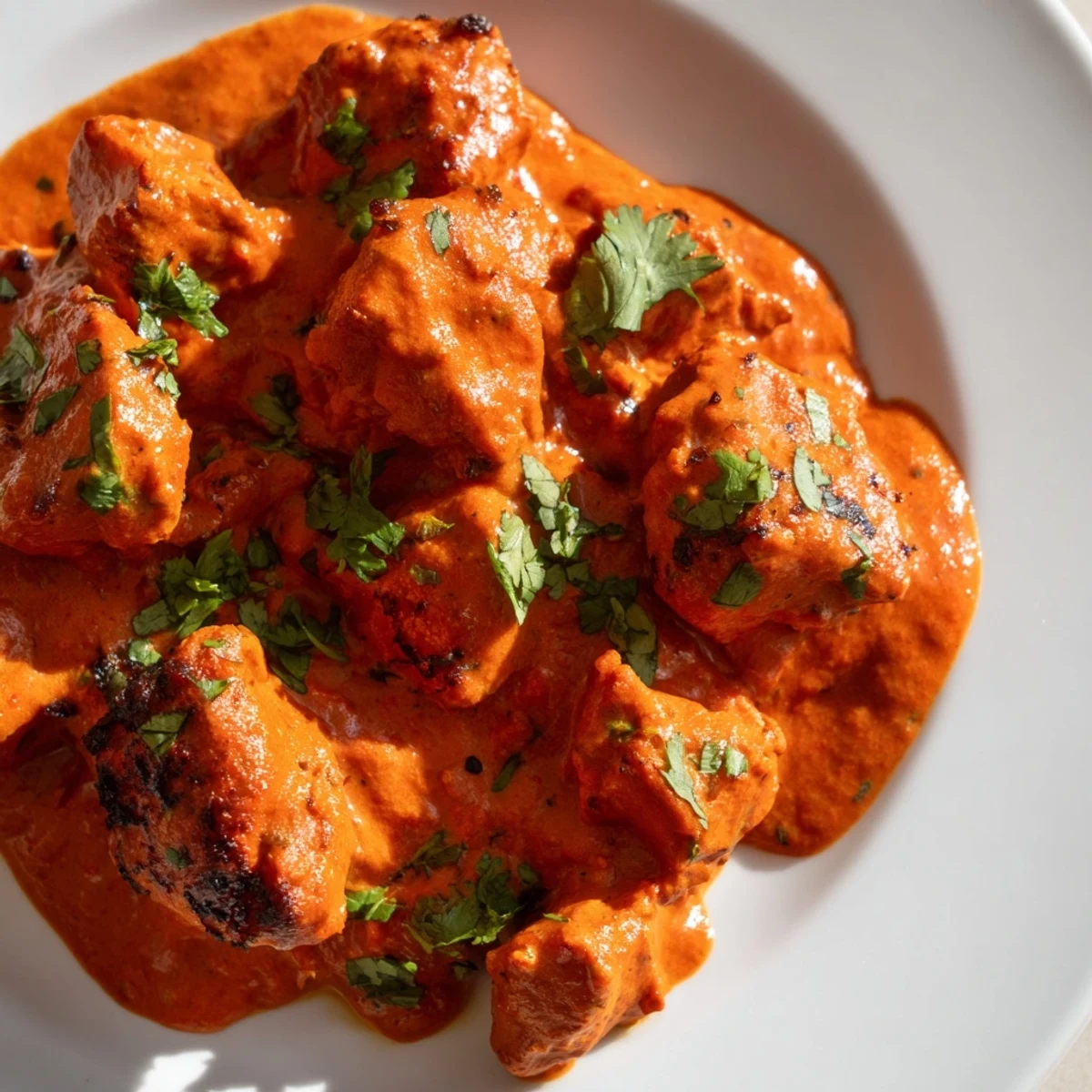 Golden-brown grilled chicken tikka masala in creamy tomato sauce, with fluffy basmati rice and warm naan bread.