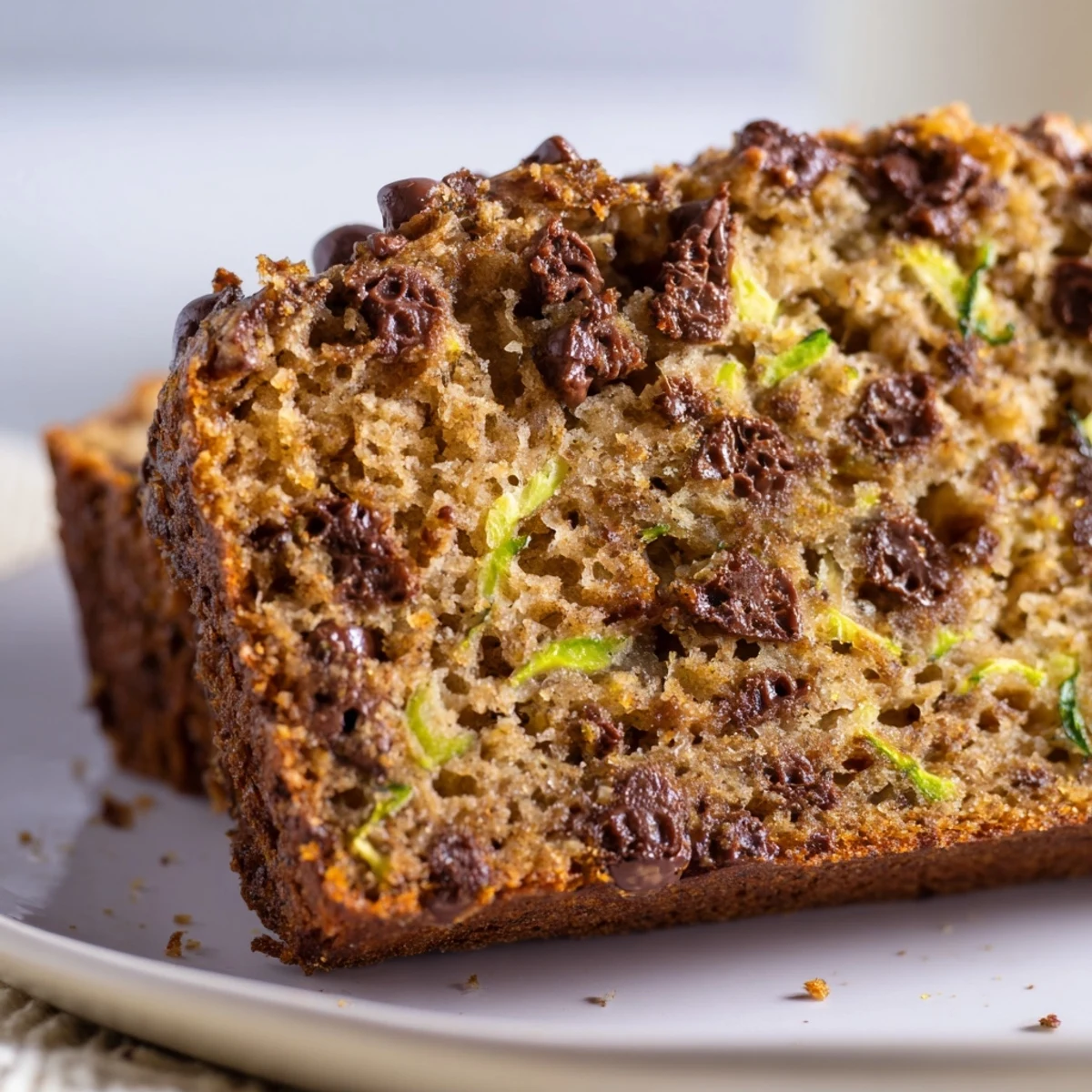 Freshly baked Chocolate Chip Zucchini Bread with chocolate chips peeking out of the golden crust.