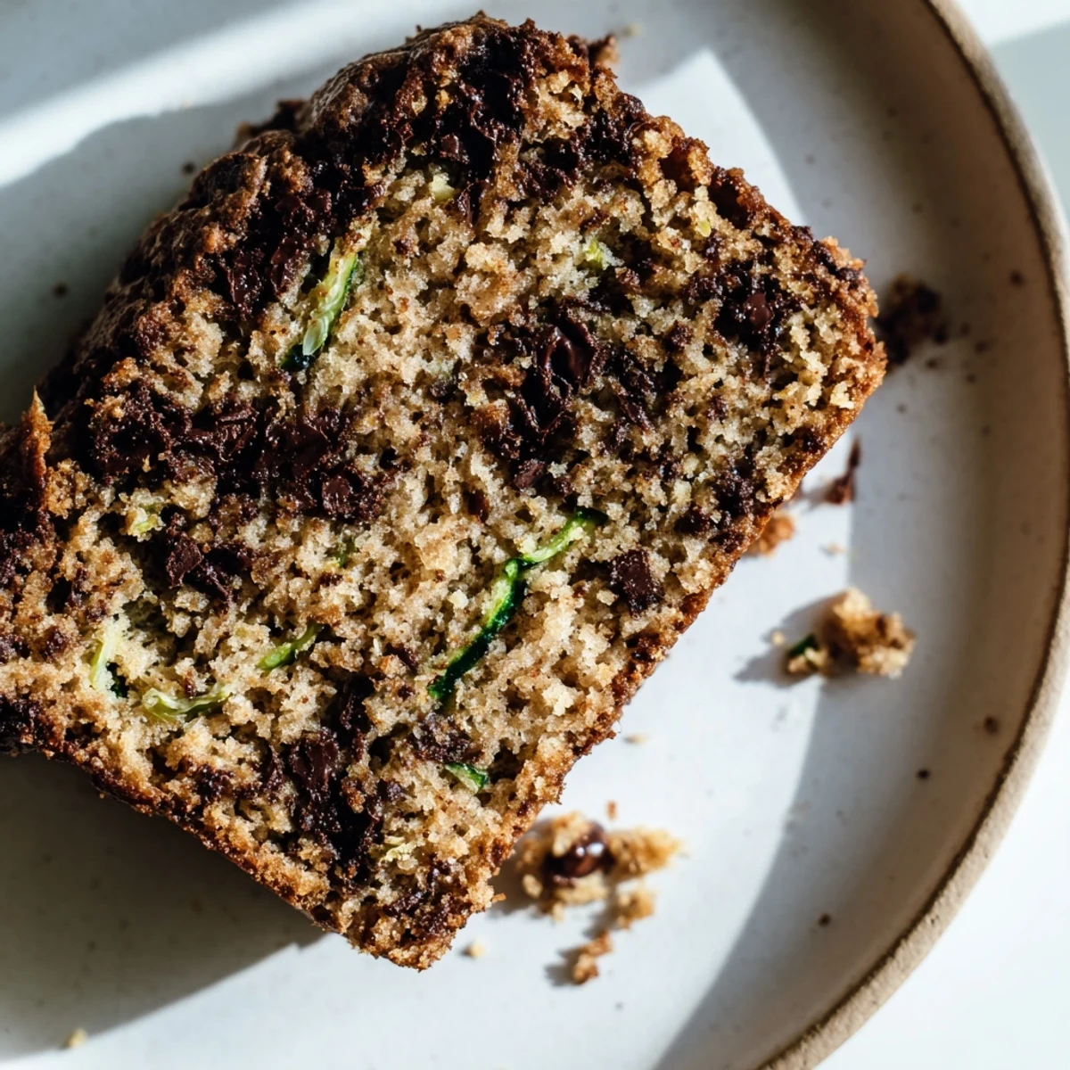 A moist slice of Chocolate Chip Zucchini Bread served on a plate, ready for breakfast.