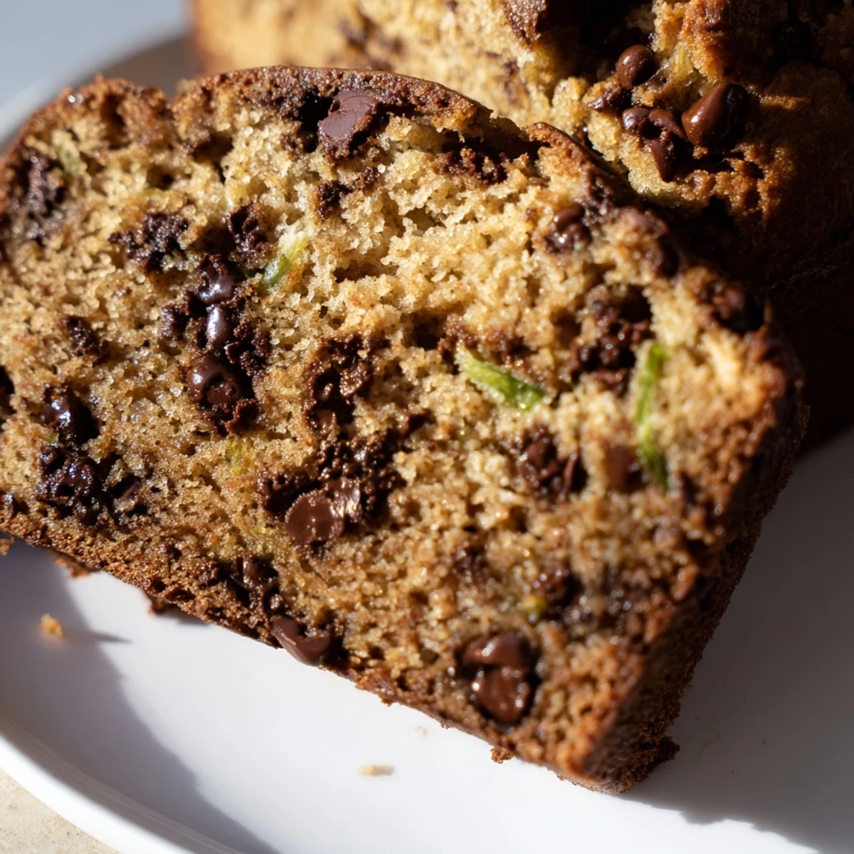 Homemade Chocolate Chip Zucchini Bread loaf cooling on a rack, showcasing its tender crumb.