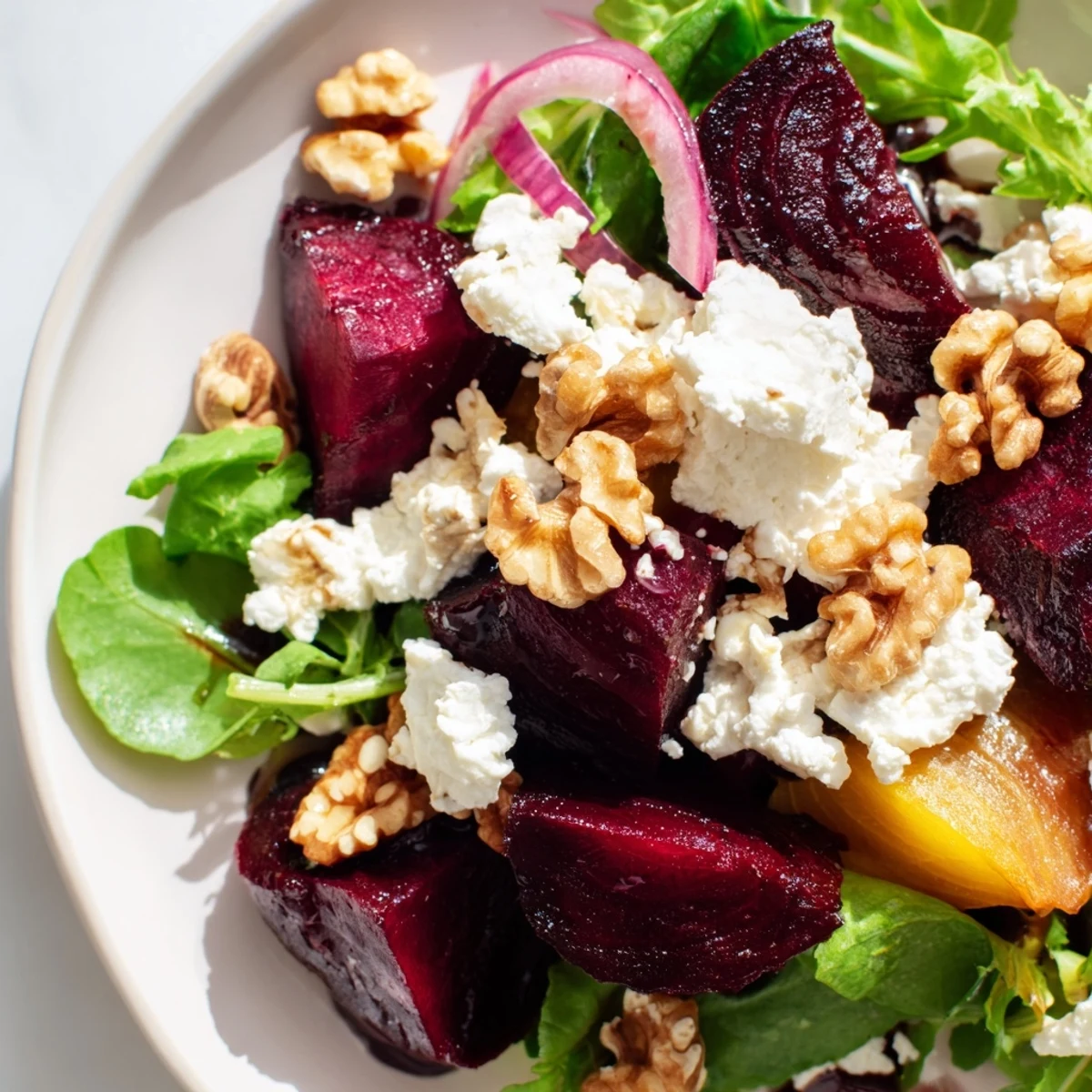 Tender roasted beets, tangy goat cheese, and crunchy walnuts come together in this beautiful Roasted Beet Salad with Goat Cheese Crumbles served on a white plate.