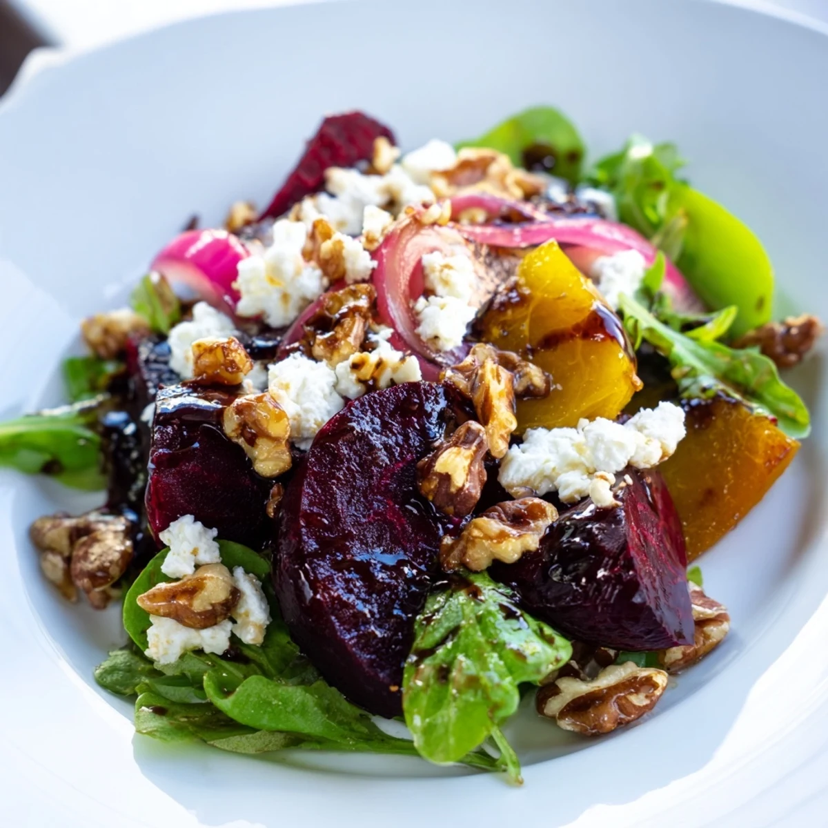 Freshly roasted beet wedges, creamy goat cheese crumbles, and toasted walnuts on a bed of mixed greens in this vibrant Roasted Beet Salad with Goat Cheese Crumbles.