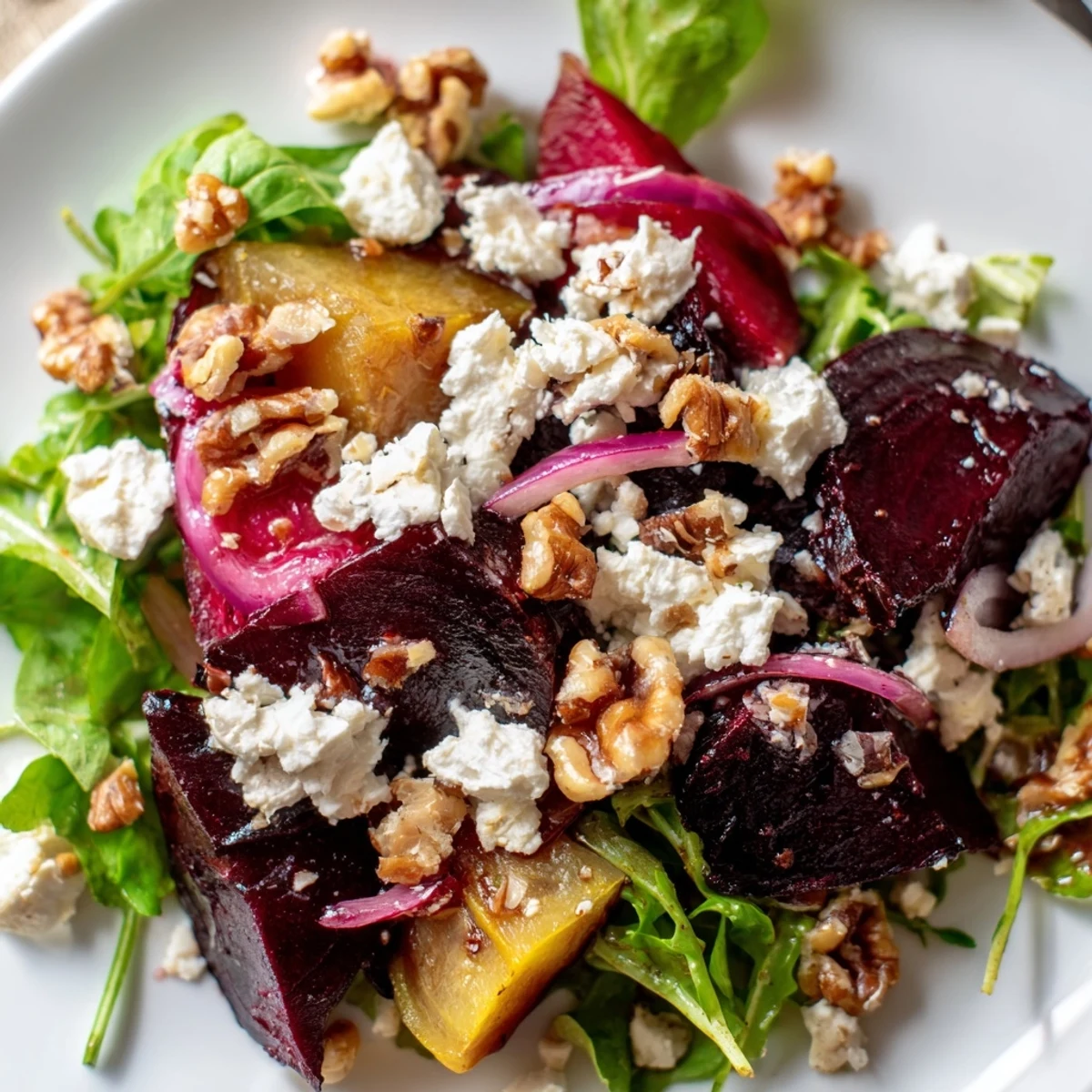A close-up view of a delicious Roasted Beet Salad with Goat Cheese Crumbles, featuring jewel-toned beets, fresh greens, and a drizzle of balsamic vinaigrette.