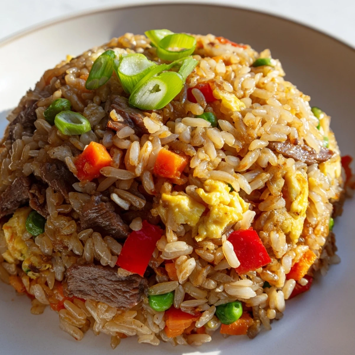 Close-up of sizzling Beef Fried Rice with Mixed Vegetables and Egg in a hot wok, with scrambled egg ribbons and crisp colorful veggies.