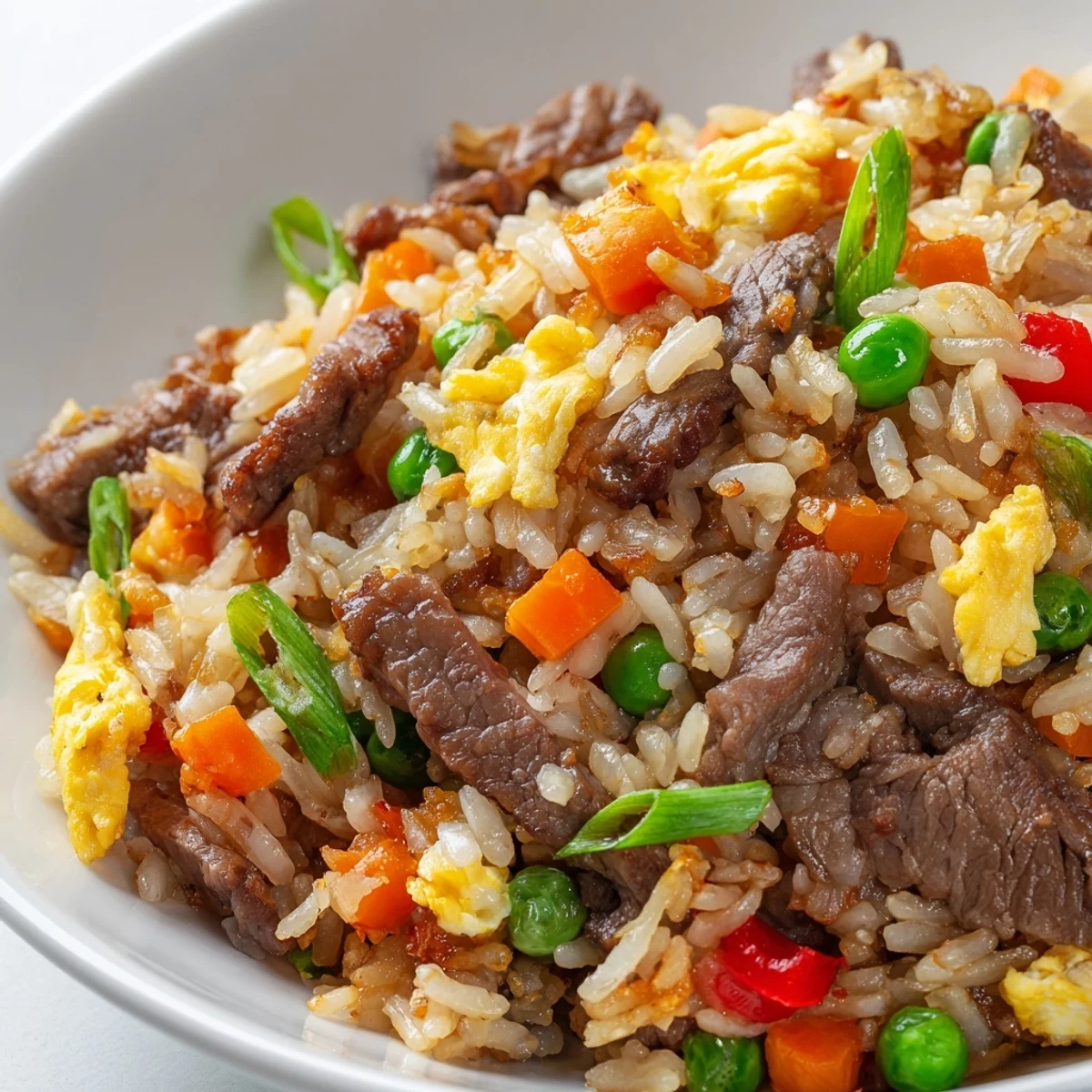 Family-style platter of hearty Beef Fried Rice with Mixed Vegetables and Egg, featuring tender beef strips and vibrant peas and peppers.