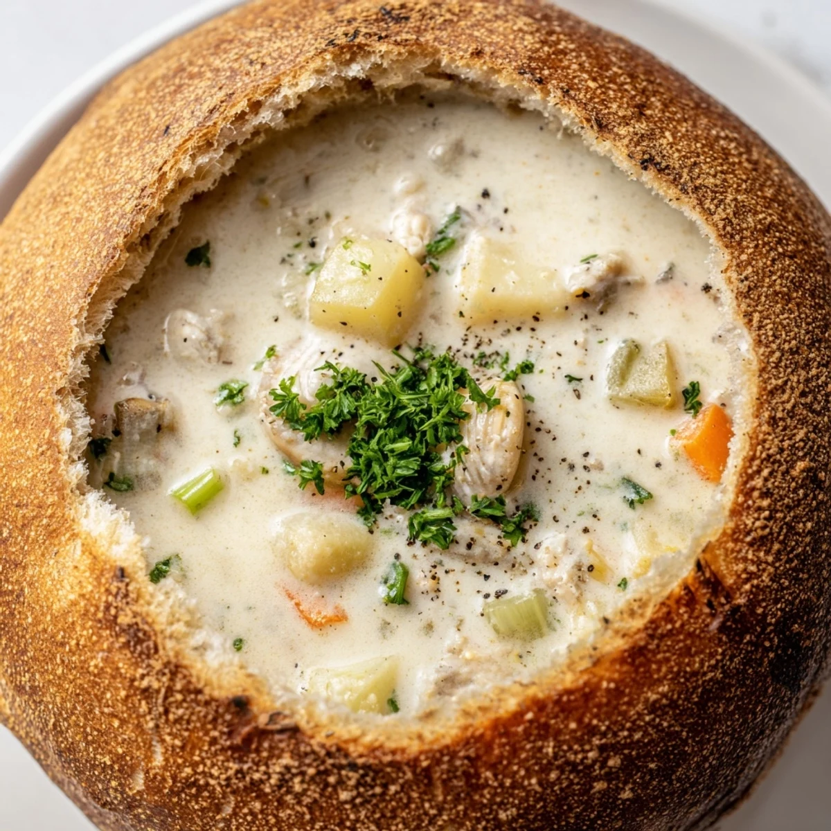 Warm Creamy Clam Chowder in Sourdough Bread Bowl served for lunch, with a ladle dipping in.