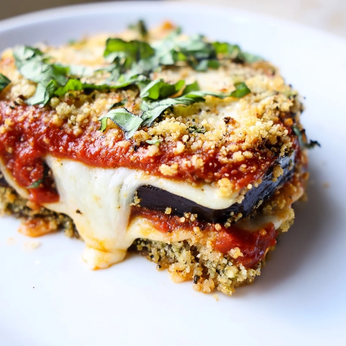 Golden-brown, crispy baked eggplant slices layered with rich marinara sauce and melted mozzarella in Baked Eggplant Parmesan.