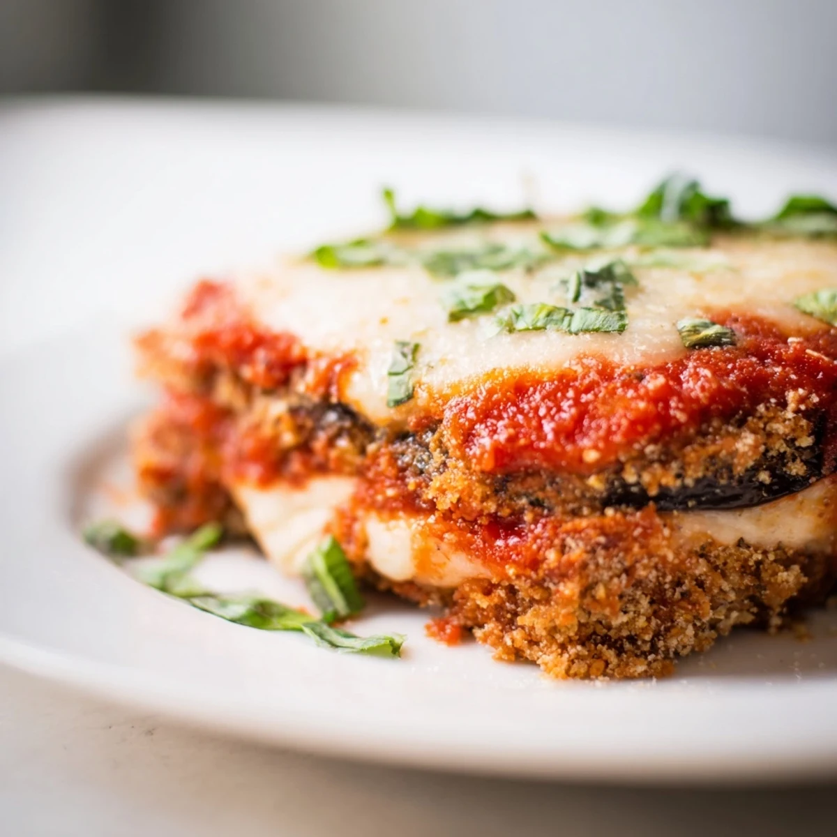 A close-up of golden, baked eggplant slices stacked in Baked Eggplant Parmesan with fresh basil garnish.