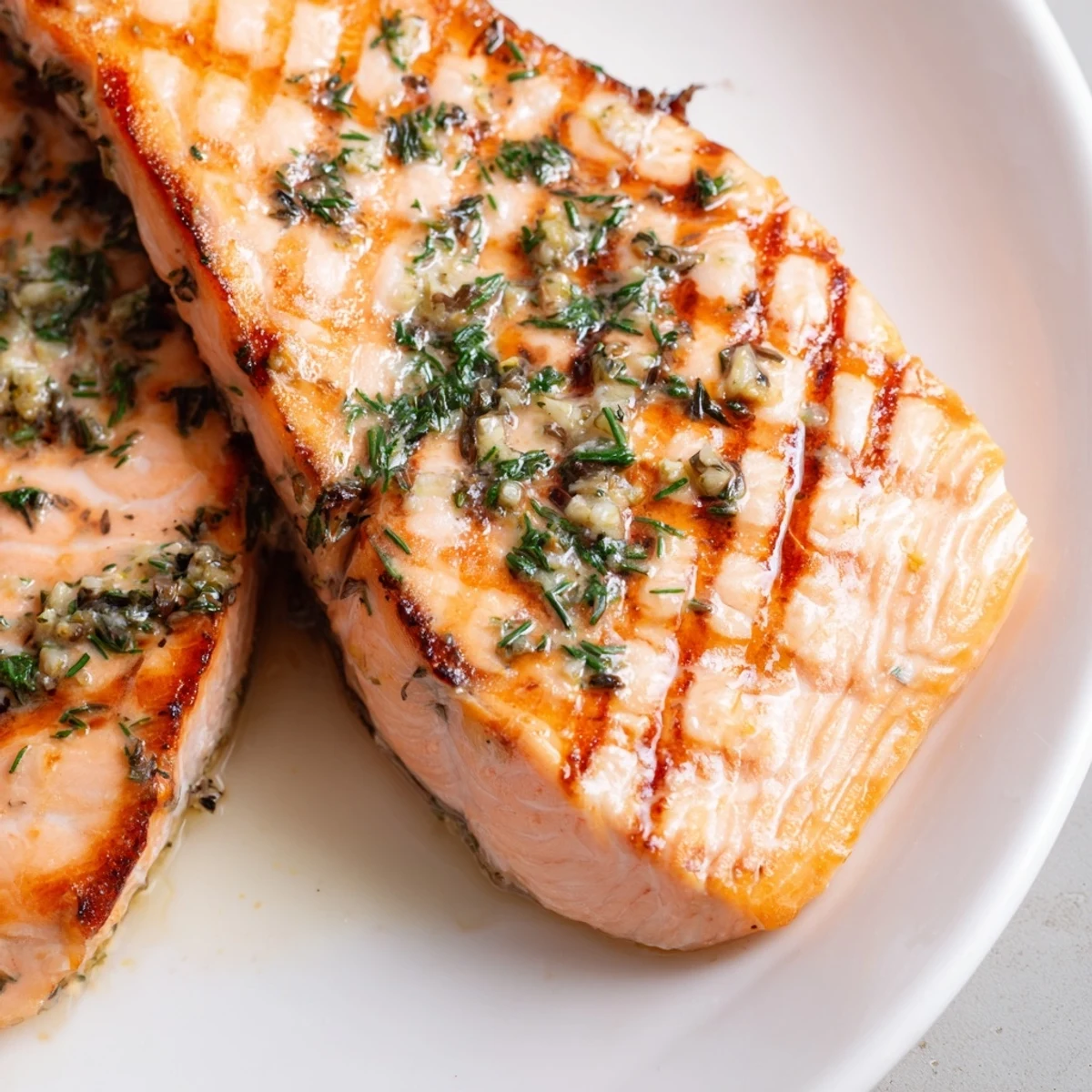 Perfectly grilled Lemon Herb Grilled Salmon fillet garnished with fresh lemon wedges and chopped parsley.