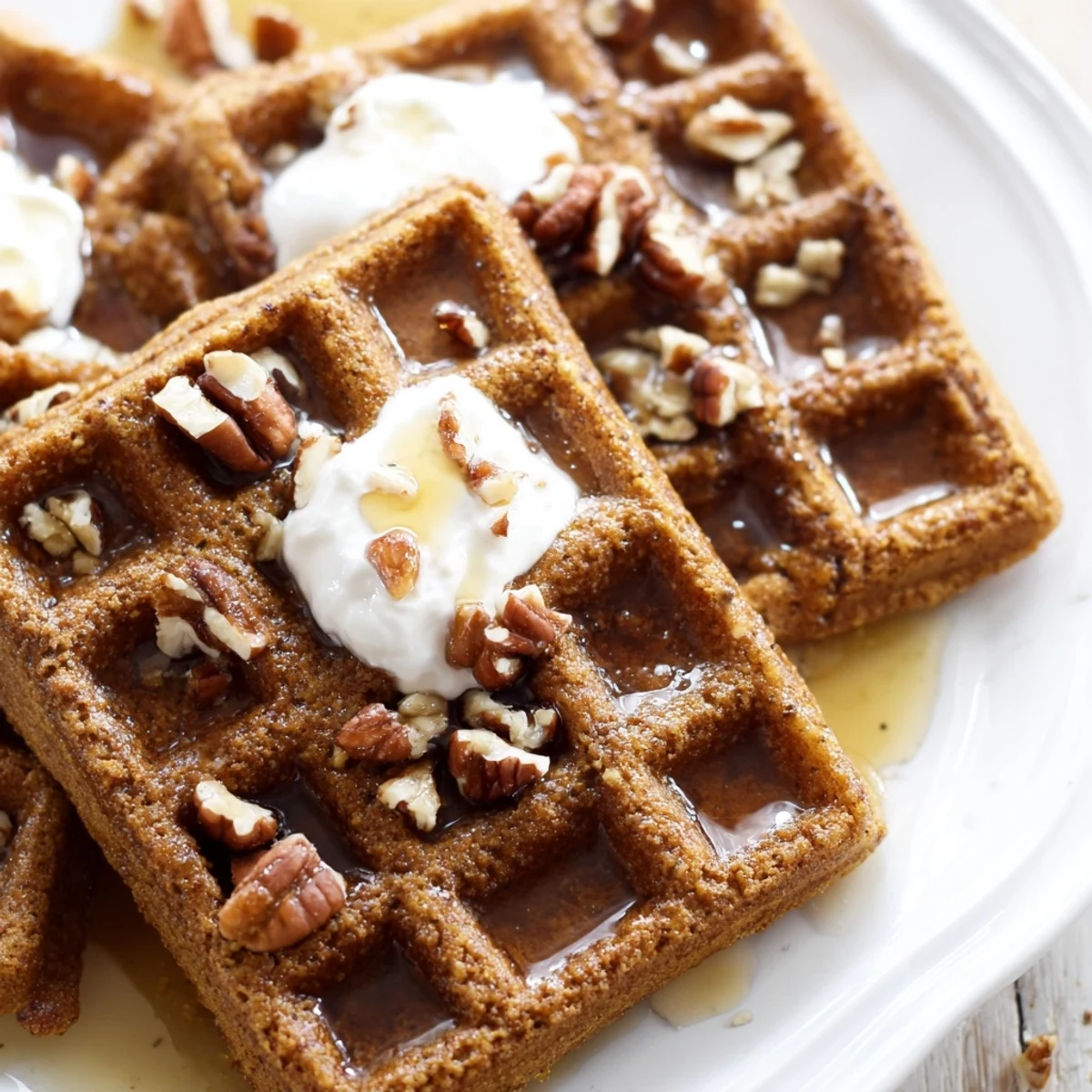 Golden-brown Gingerbread Waffles fresh from the iron, ready for a warm maple syrup drizzle.