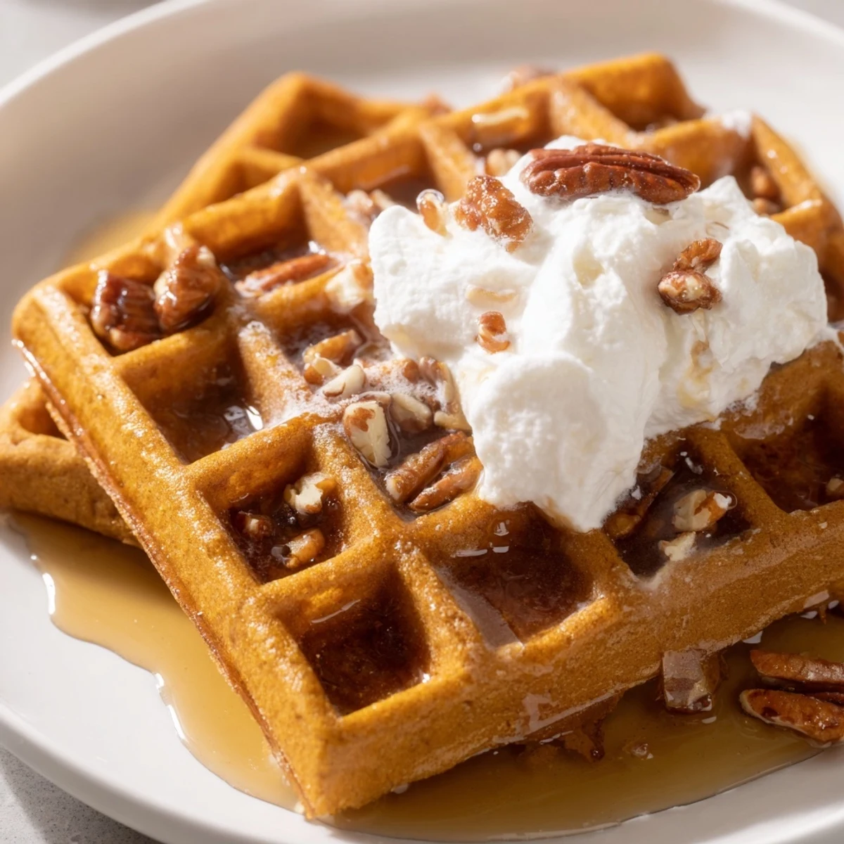 Steam rises from freshly cooked Gingerbread Waffles dusted with powdered sugar and pecans.