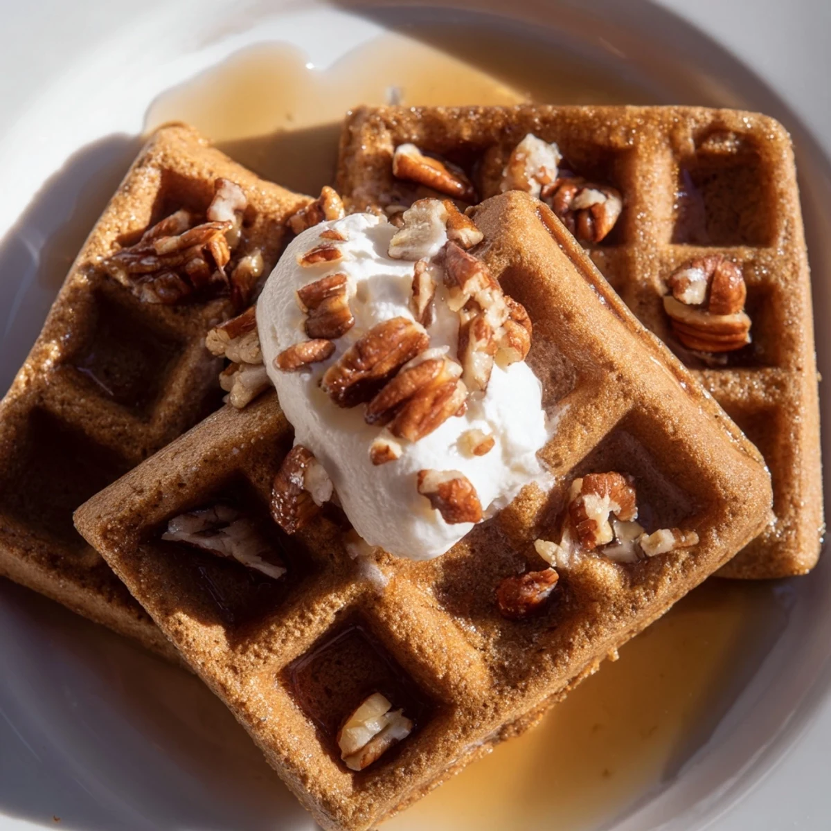 A close-up of crispy-edged Gingerbread Waffles, topped with whipped cream and maple syrup.