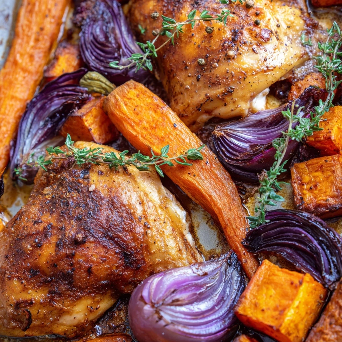 Golden-brown roasted chicken rests atop a colorful medley of caramelized root vegetables, garnished with fresh thyme.