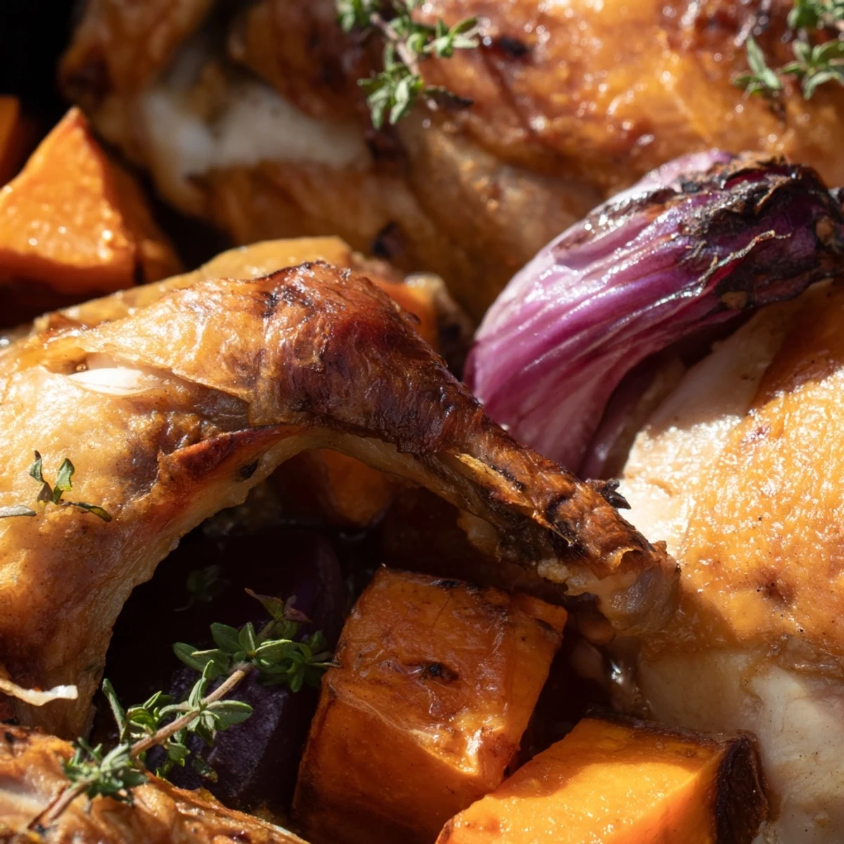 Juicy herb-crusted roasted chicken paired with glazed carrots, parsnips, and potatoes for a family dinner.