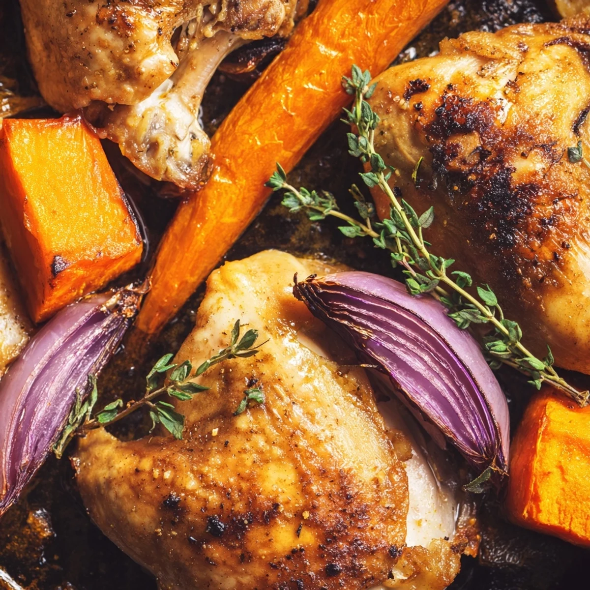 A whole roasted chicken with root vegetable medley served family-style on a rustic wooden table.