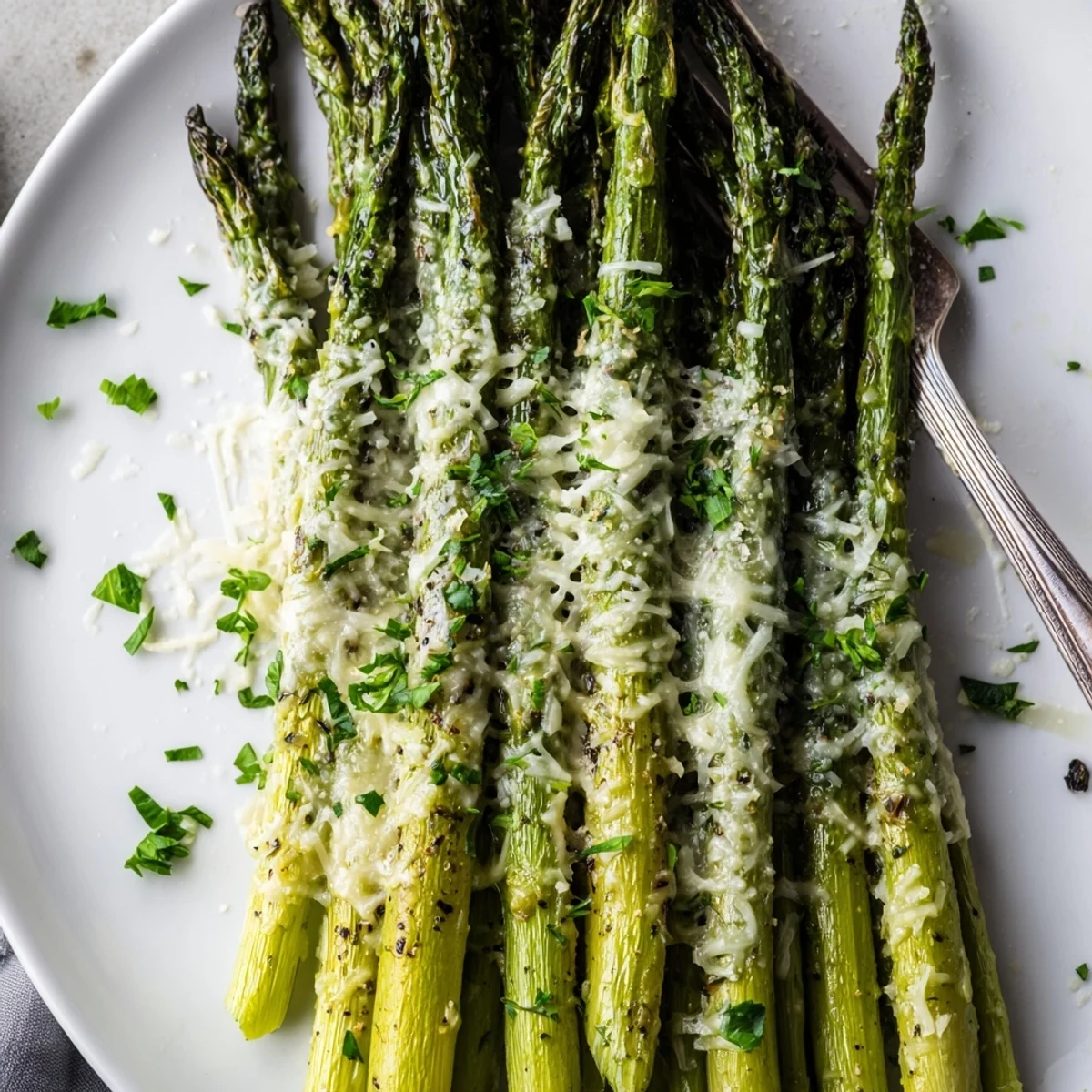 Garlic Parmesan Roasted Asparagus Spears garnished with fresh parsley and lemon wedges on a white plate.
