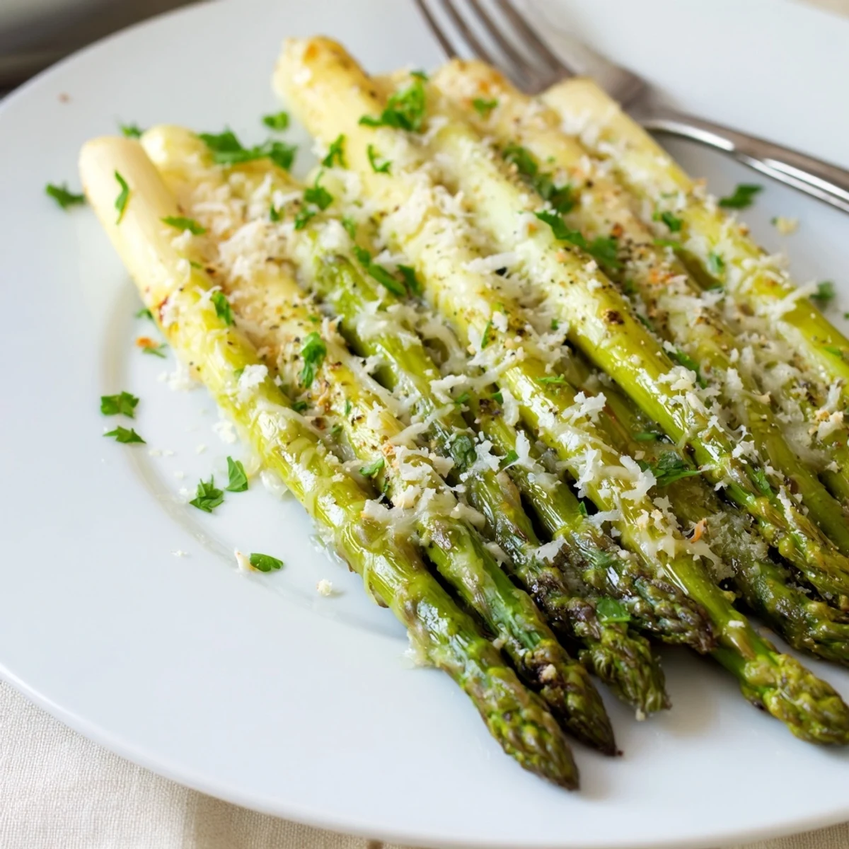 Sizzling Garlic Parmesan Roasted Asparagus Spears fresh from the oven, paired with grilled salmon for dinner.