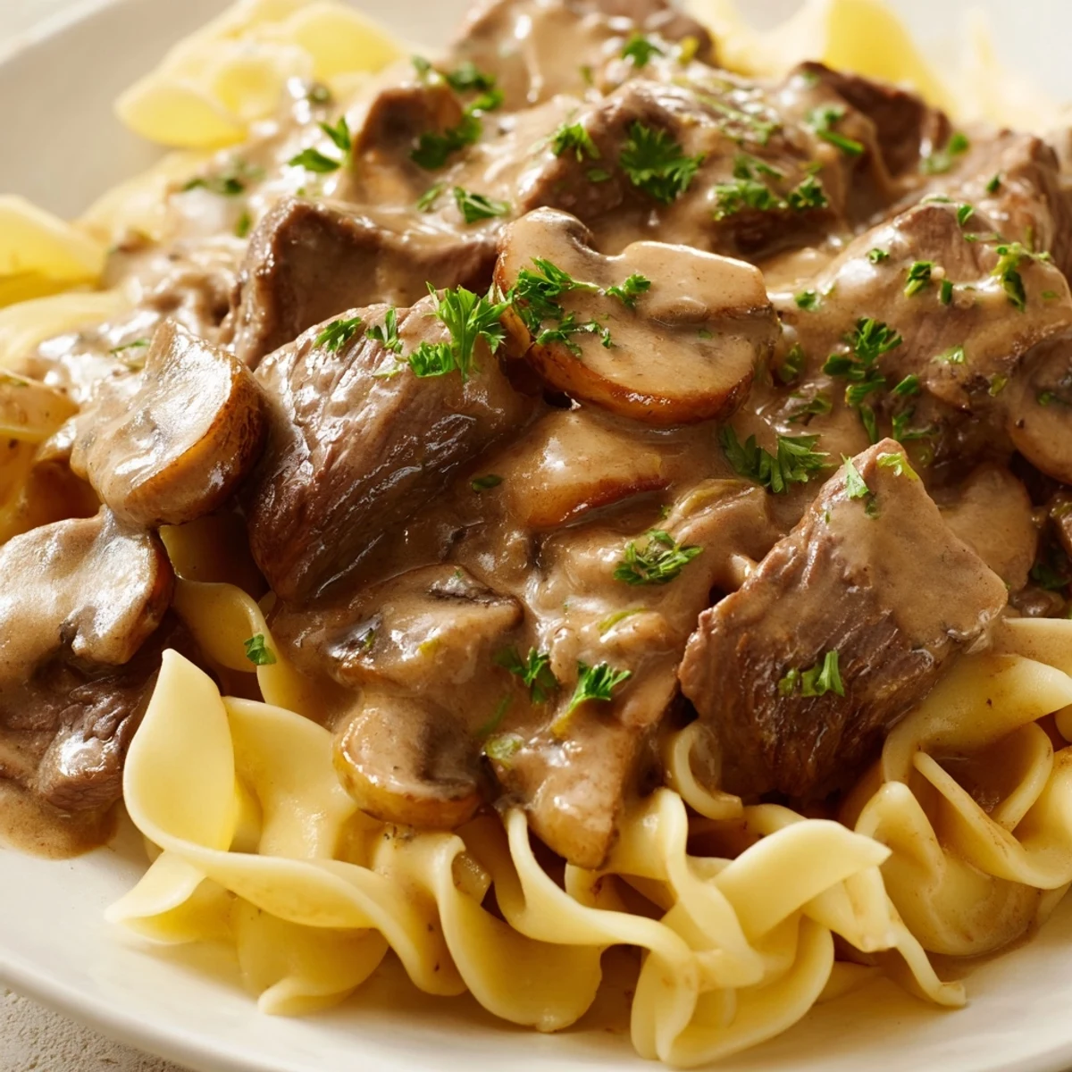 Family-style serving of Beef and Mushroom Stroganoff over fluffy rice with a side salad and crusty bread.