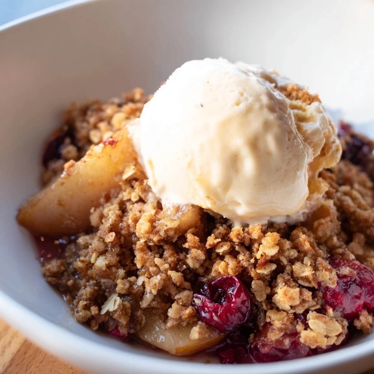 A rustic serving of Spiced Pear and Cranberry Crumble topped with vanilla ice cream melting over tender pears and tart cranberries on a wooden table.