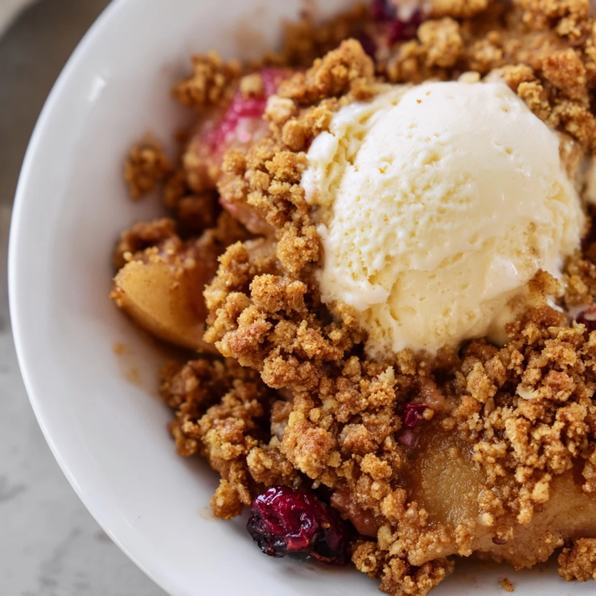 Close-up of a spoon lifting a portion from a Spiced Pear and Cranberry Crumble, revealing spiced fruit filling and a buttery oat crumble topping.