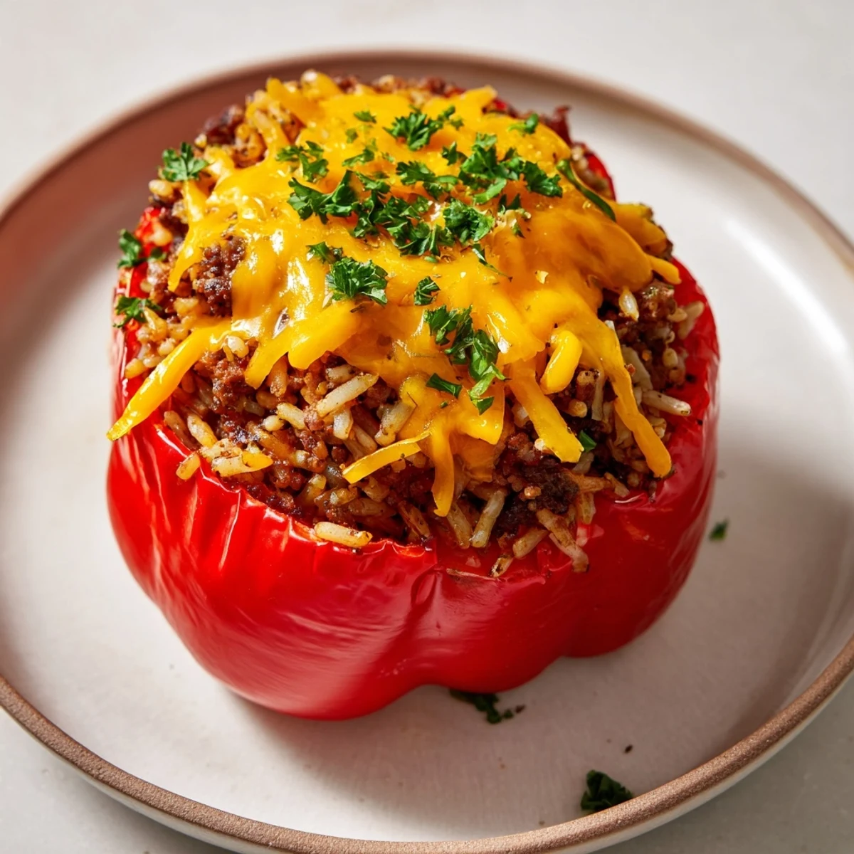 Four colorful roasted peppers filled with savory beef and rice, served bubbling hot with parsley garnish.