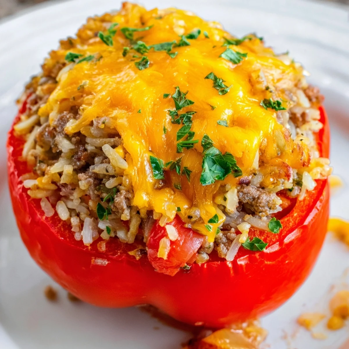 Golden baked stuffed bell peppers with beef and rice, topped with melted cheese and fresh herbs.