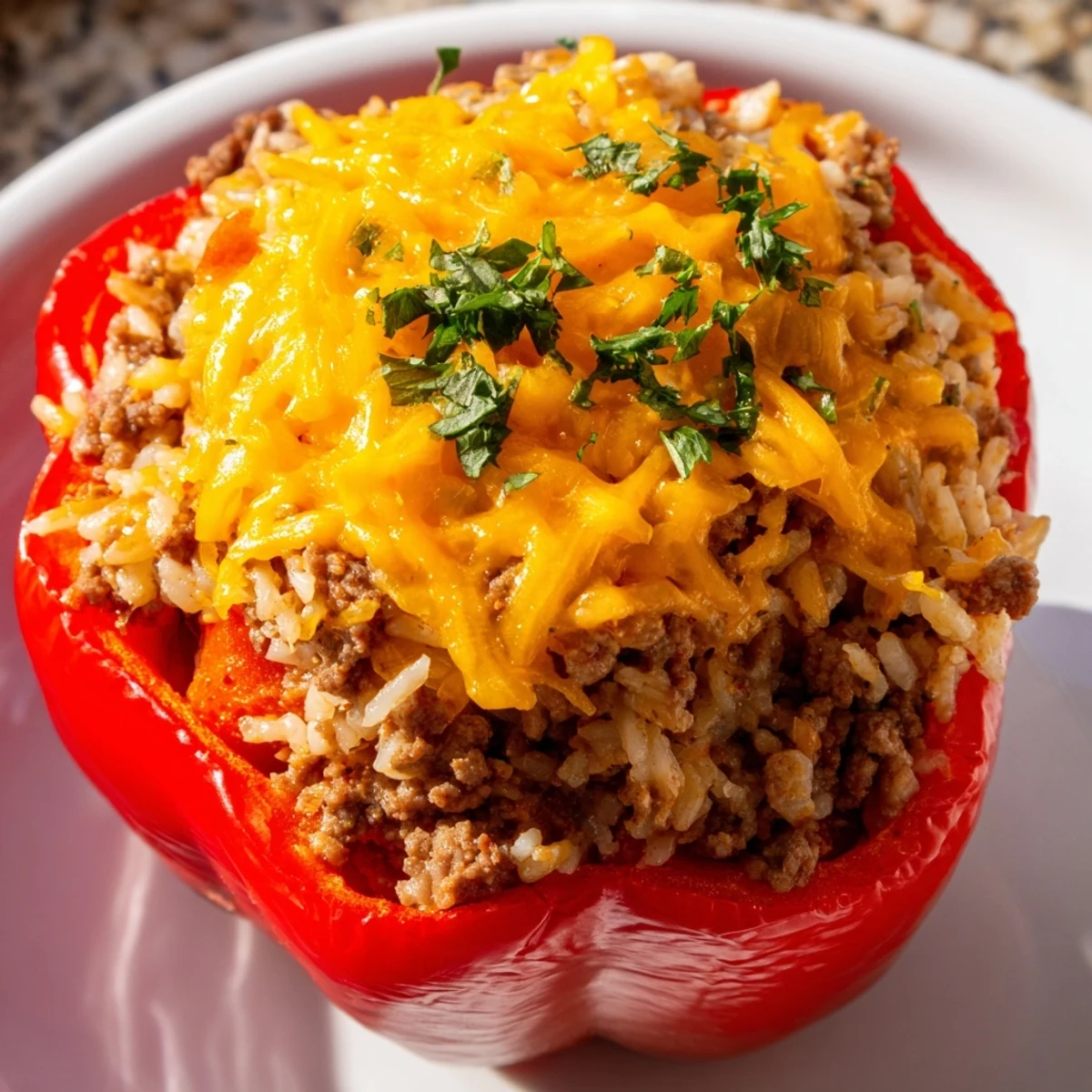 Baked stuffed bell peppers with beef, melted cheddar, and tender peppers on a white ceramic dish.