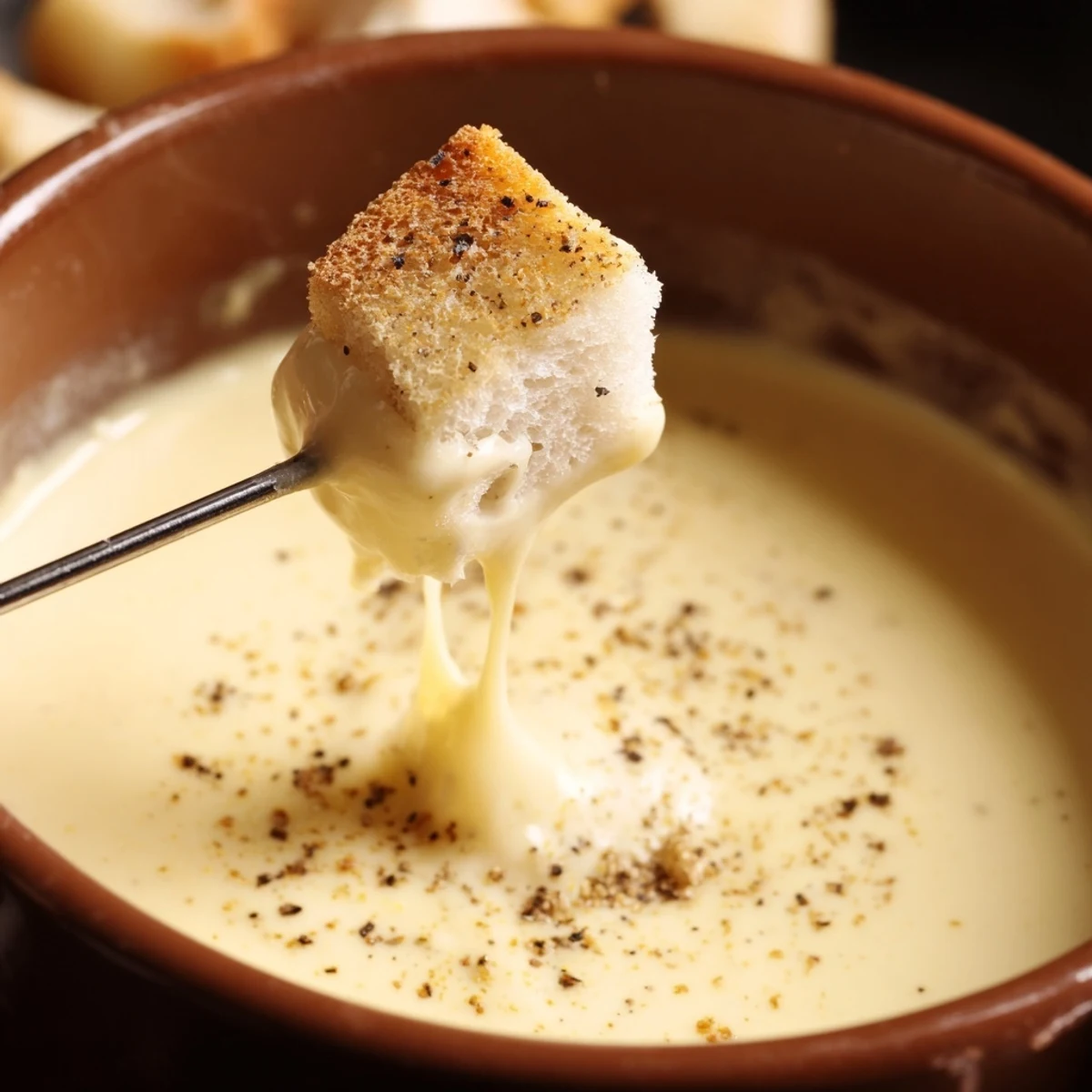 Savory Cheese Fondue with Bread Cubes served bubbling hot, with crusty bread cubes and wine glasses on a cozy table.