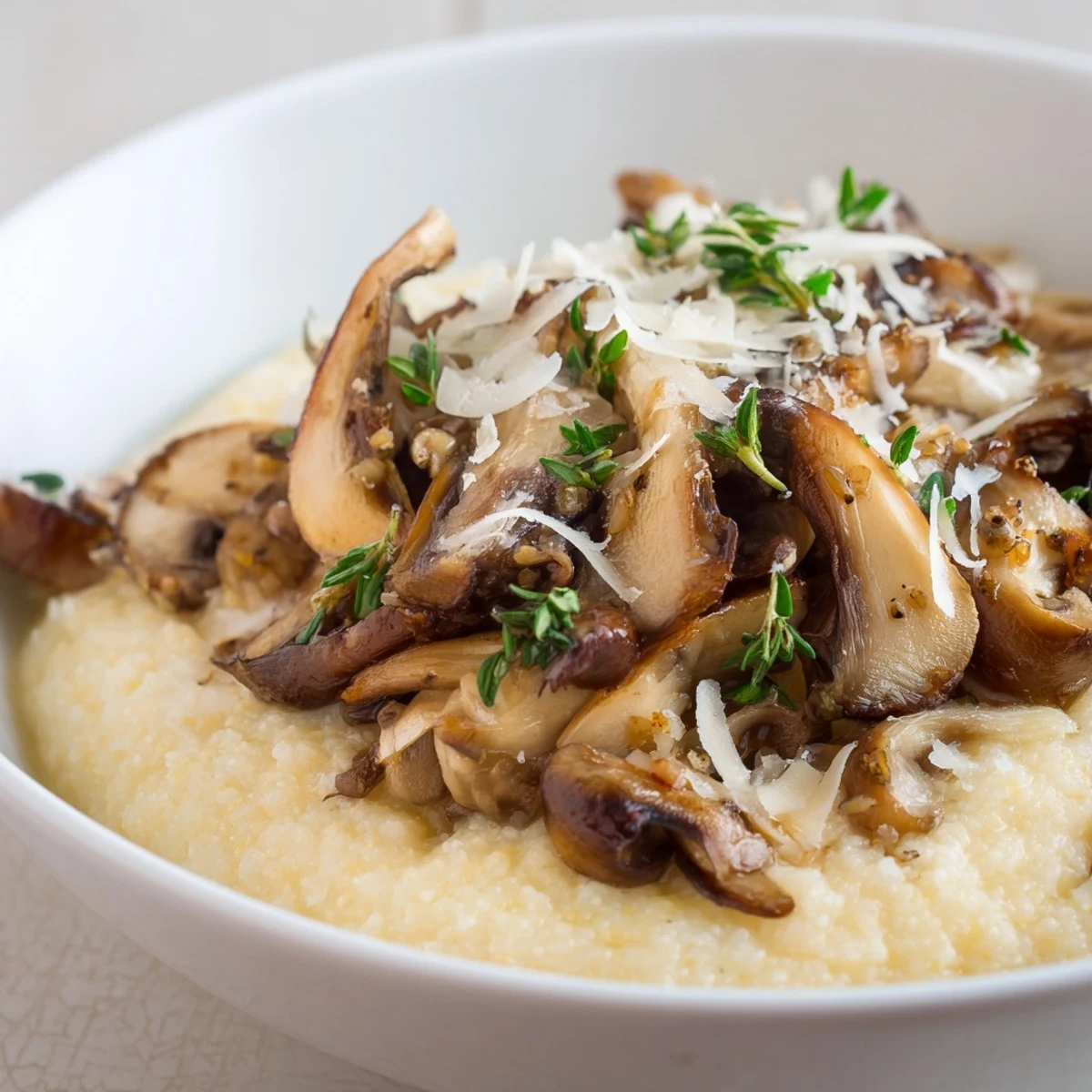 Rustic Italian creamy polenta with wild mushrooms and parsley garnish, served steaming in a shallow bowl.