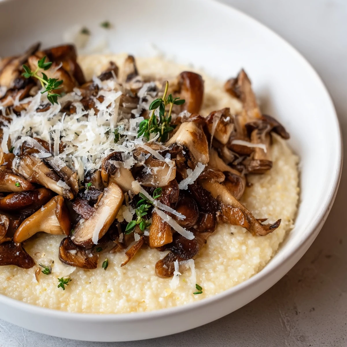 Creamy polenta with wild mushrooms in a rustic ceramic bowl, topped with golden sautéed mushrooms and fresh thyme.