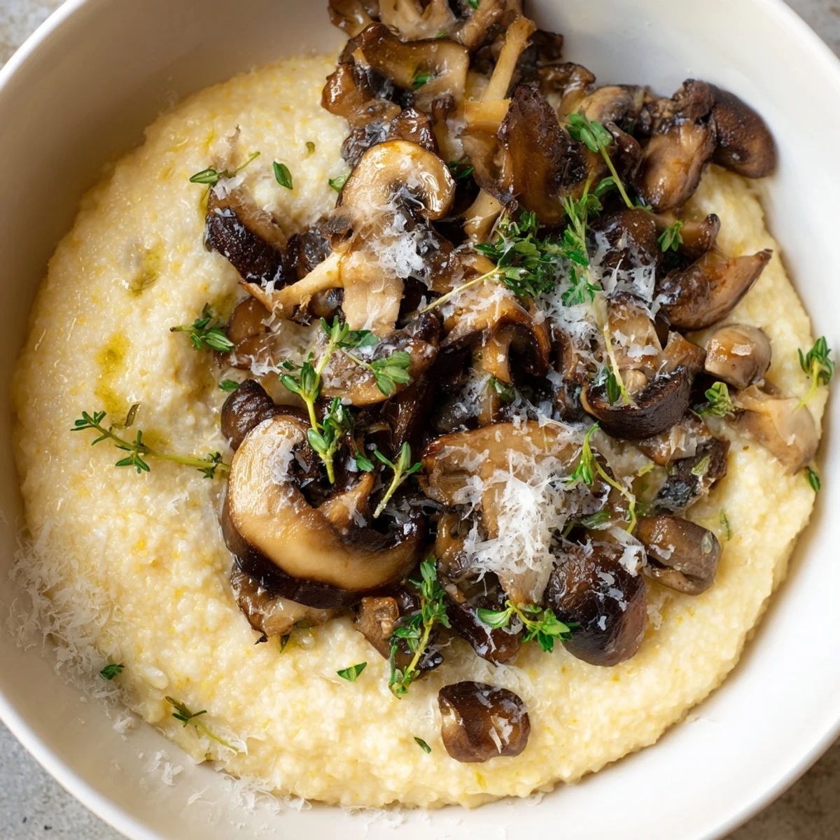 Velvety creamy polenta with wild mushrooms, freshly grated Parmesan, and thyme beside a glass of white wine.