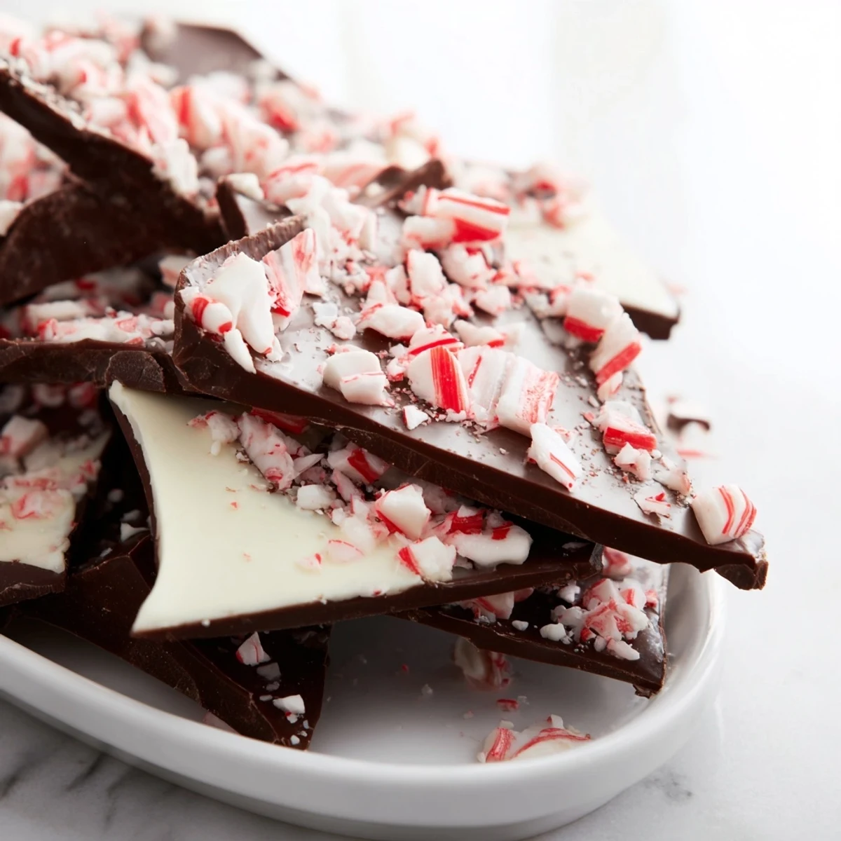 Cracked Chocolate Peppermint Bark Shards glisten with rich dark and white chocolate layers topped with crunchy peppermint candy pieces.